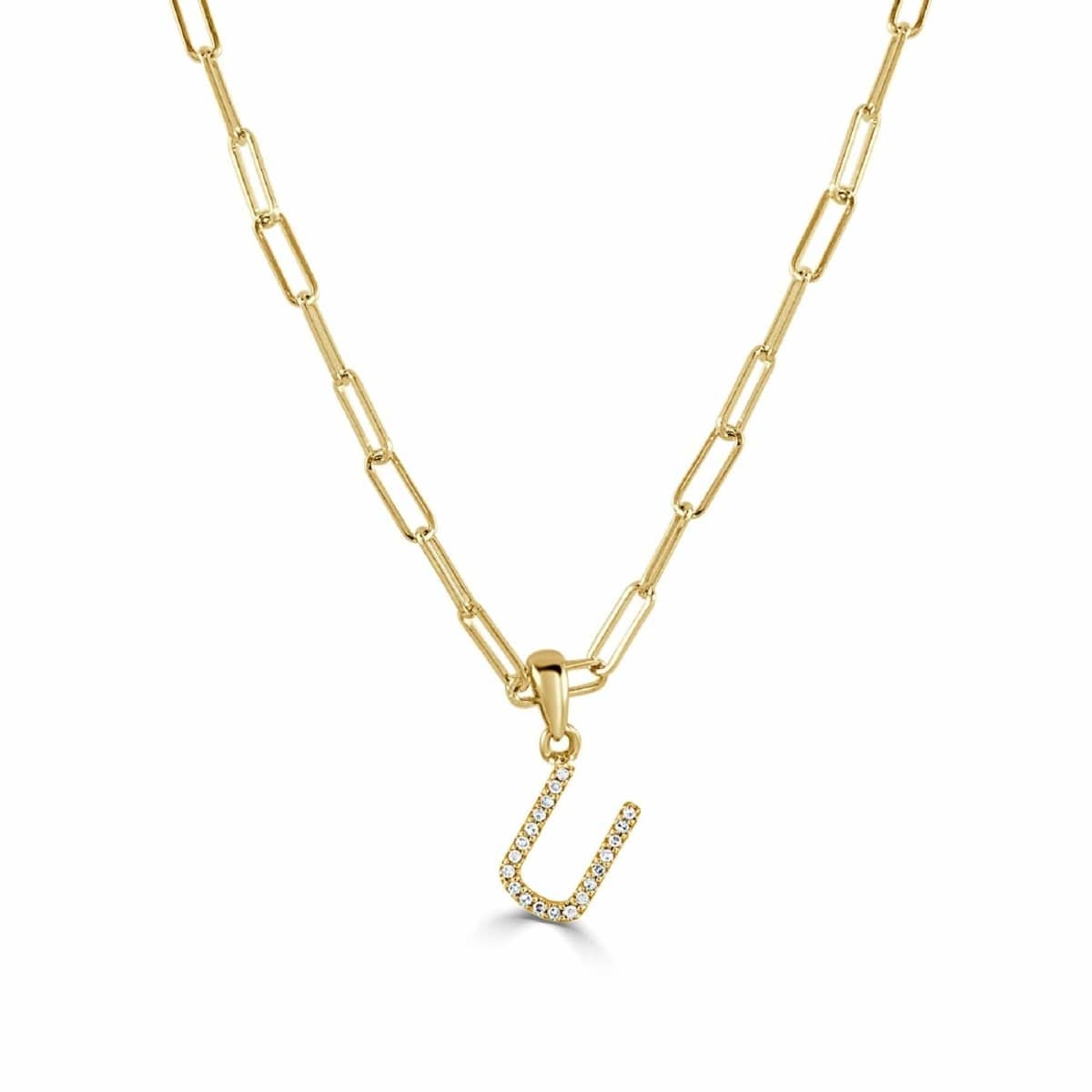 14k Yellow Gold & Diamond Paperclip Initial "U" Necklace