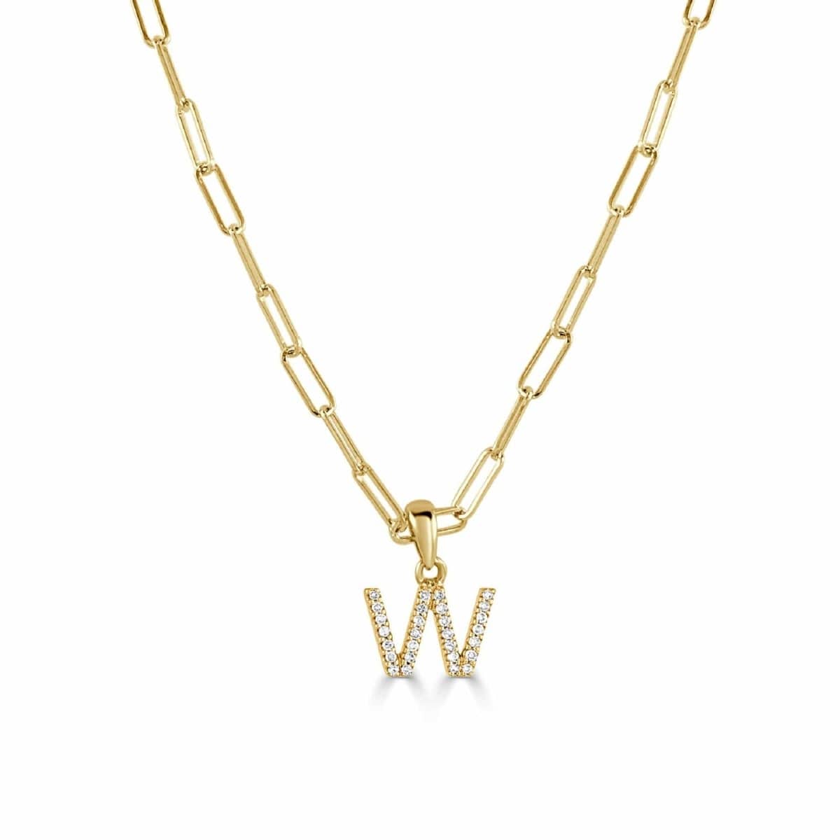 14k Yellow Gold & Diamond Paperclip Initial "W" Necklace