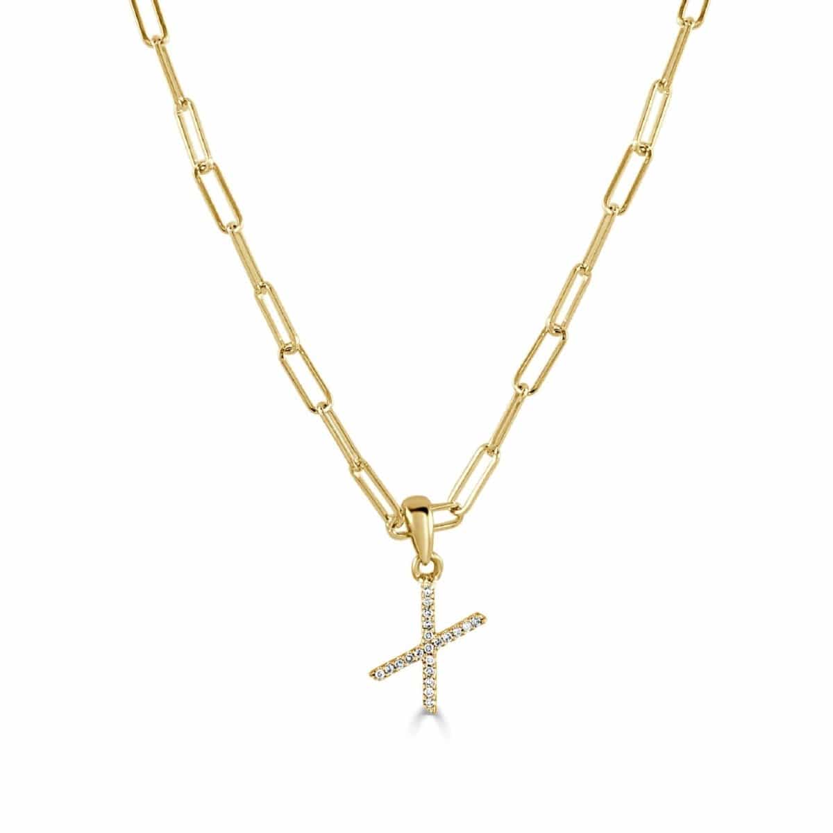 14k Yellow Gold & Diamond Paperclip Initial "X" Necklace