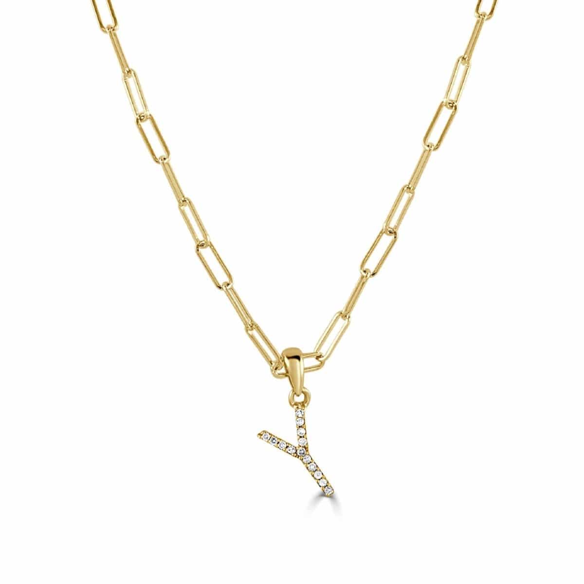 14k Yellow Gold & Diamond Paperclip Initial "Y" Necklace