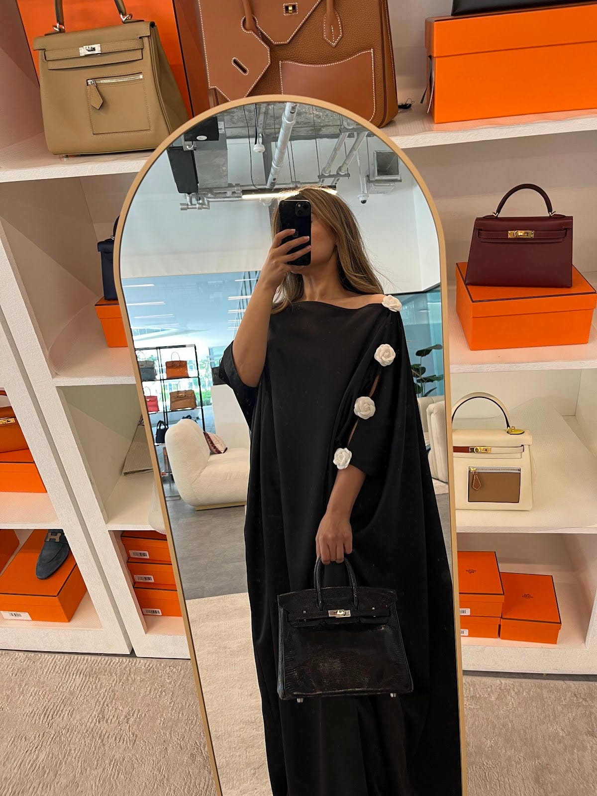 Luxury Promise Black one shoulder kaftan with camelia white flowers TP021