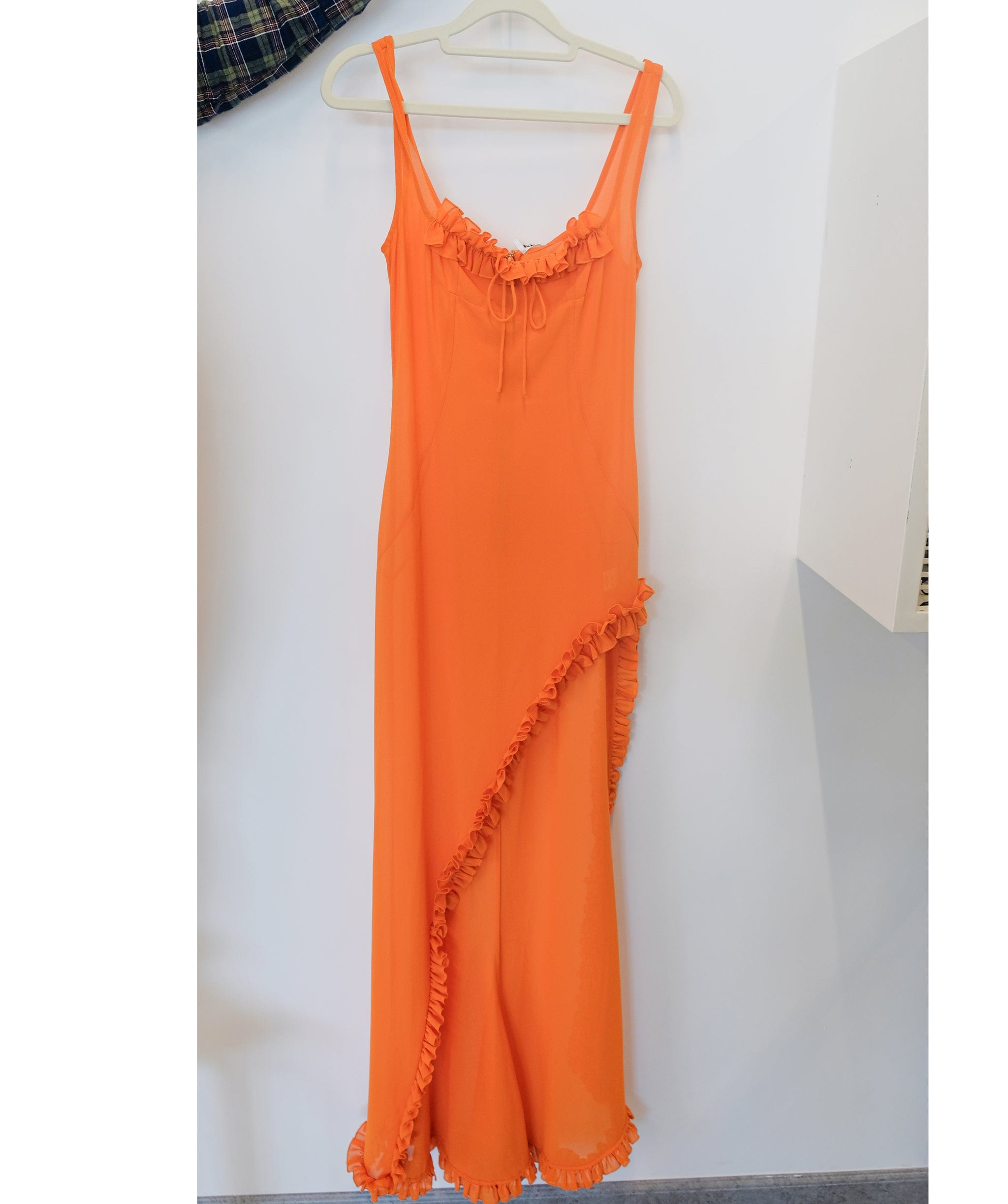 Luxury Promise Helsa Orange Crepe Ruffled Long Sheer Dress RJC3817