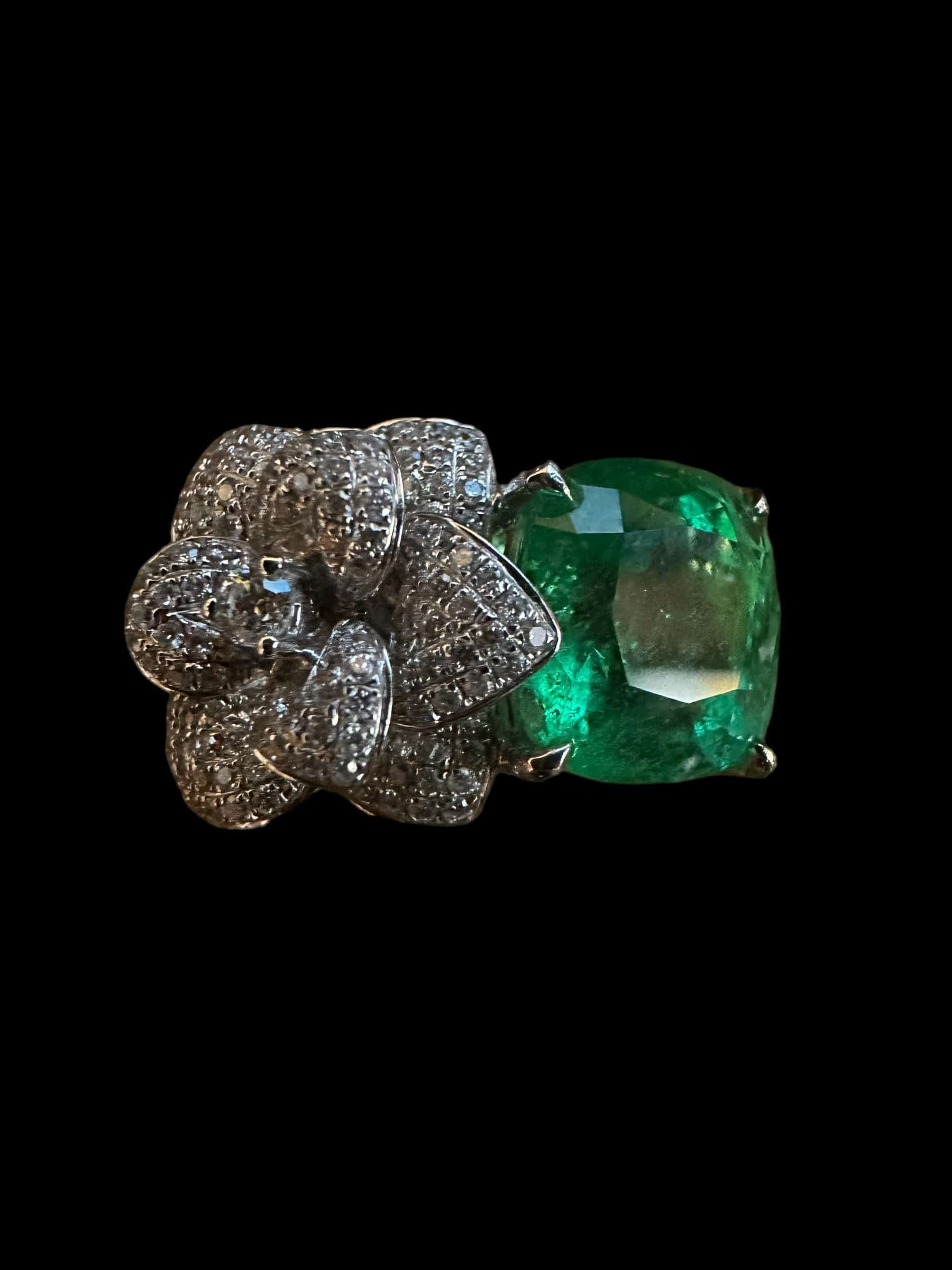 Luxury Promise Emerald with Flower Diamond Ring set in 18K White Gold