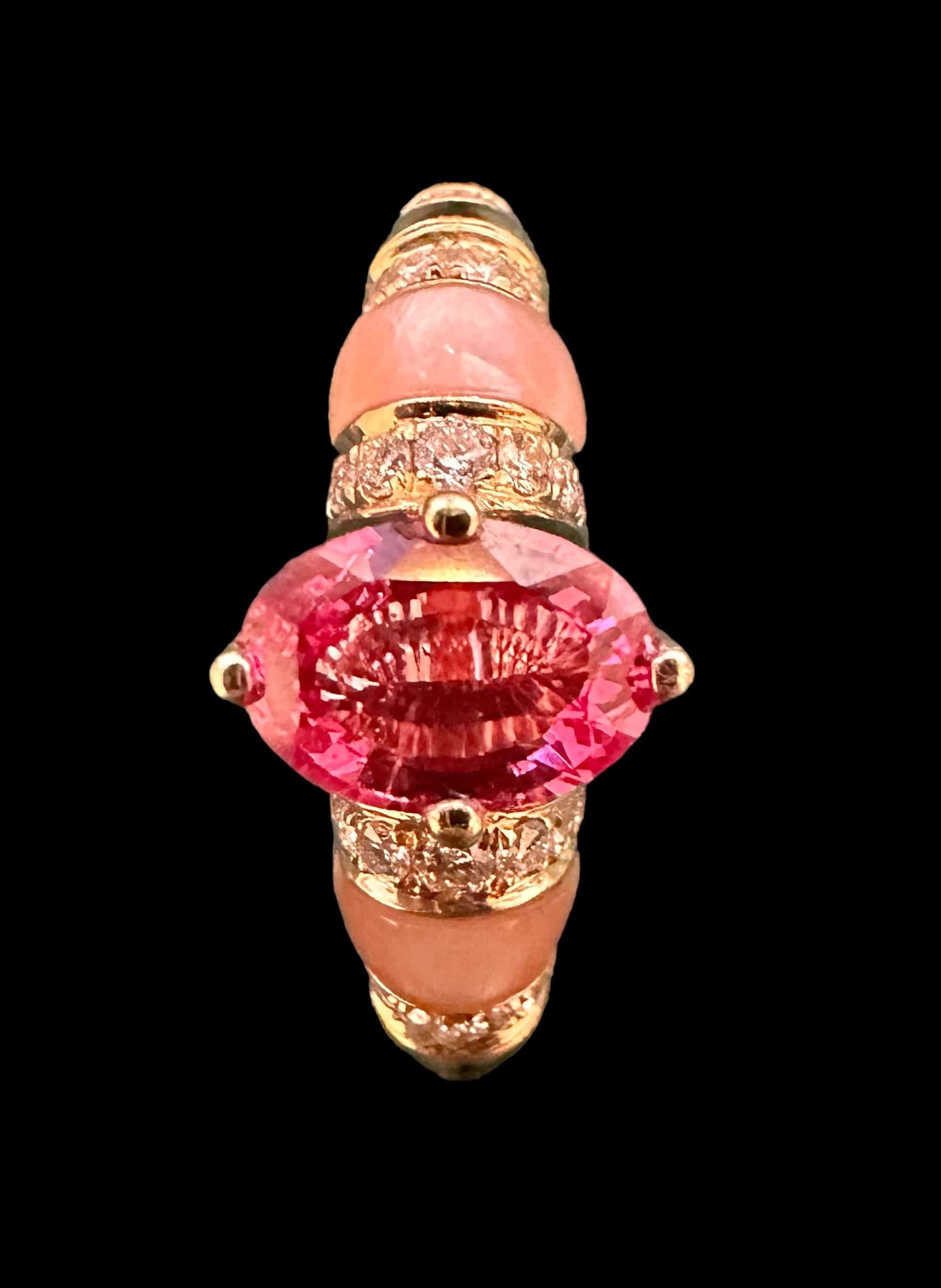 Luxury Promise Hot Pink "Padparadscha" Oval Sapphire, Pink Agate & Diamond Ring set in 18K Yellow Gold