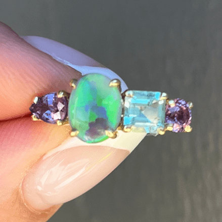 Luxury Promise One off 18ct Yellow Gold Splice Ring with Pear Shape Sapphire, Semi Black Opal, Green Tourmaline & Sapphire