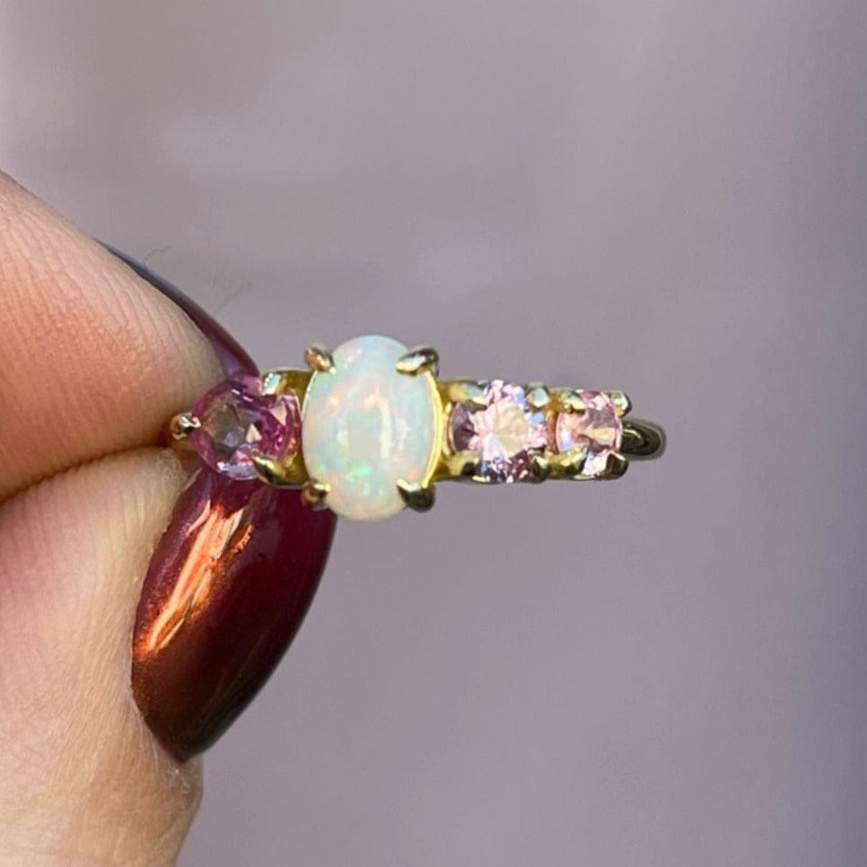 Luxury Promise One Off Splice Ring in 18ct Yellow Gold Pink Sapphire Crystal Opal Pink Sapphire