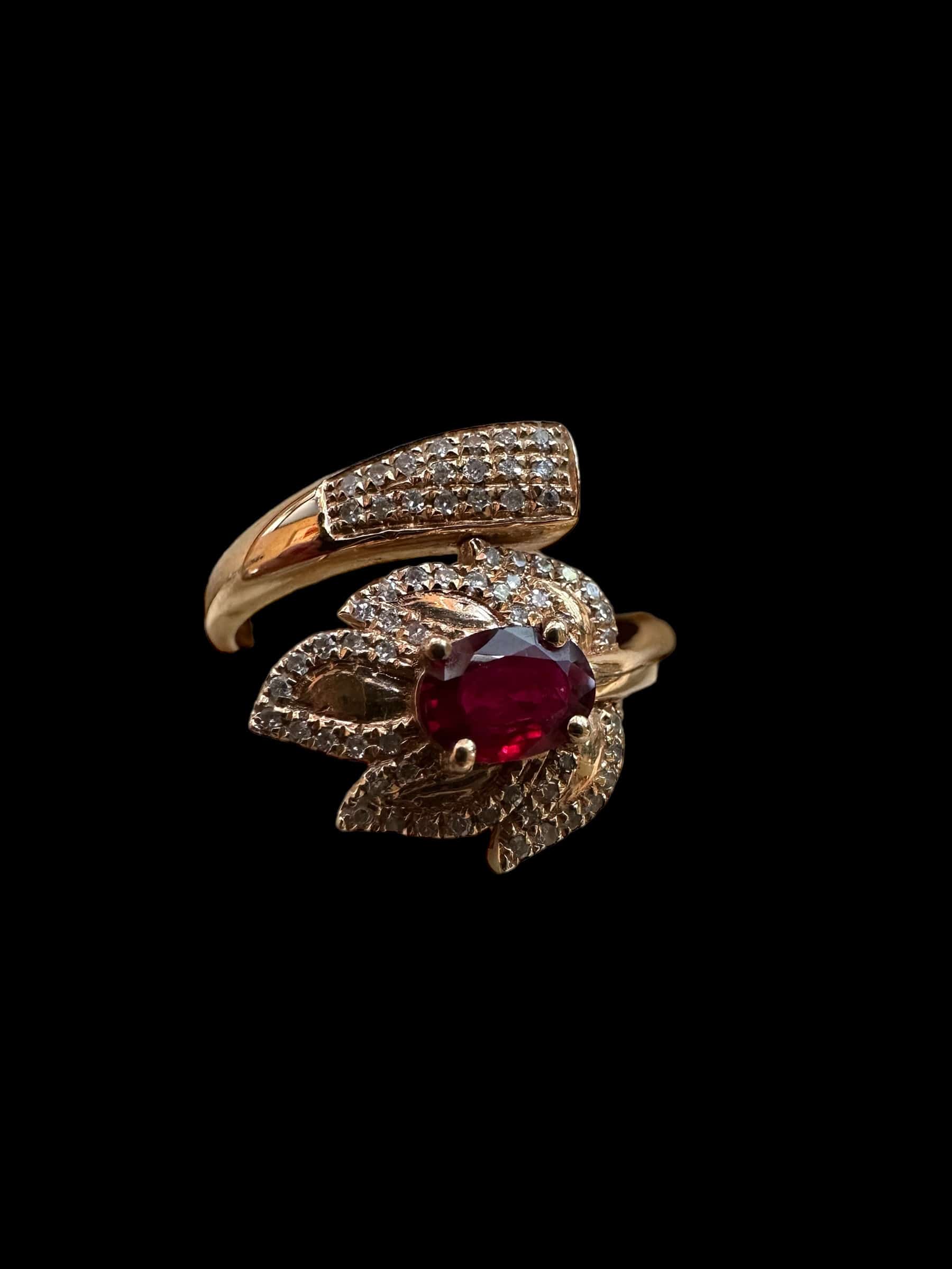 Luxury Promise Rose Gold Leaf Ring with Diamond & Ruby set in 18K Rose Gold