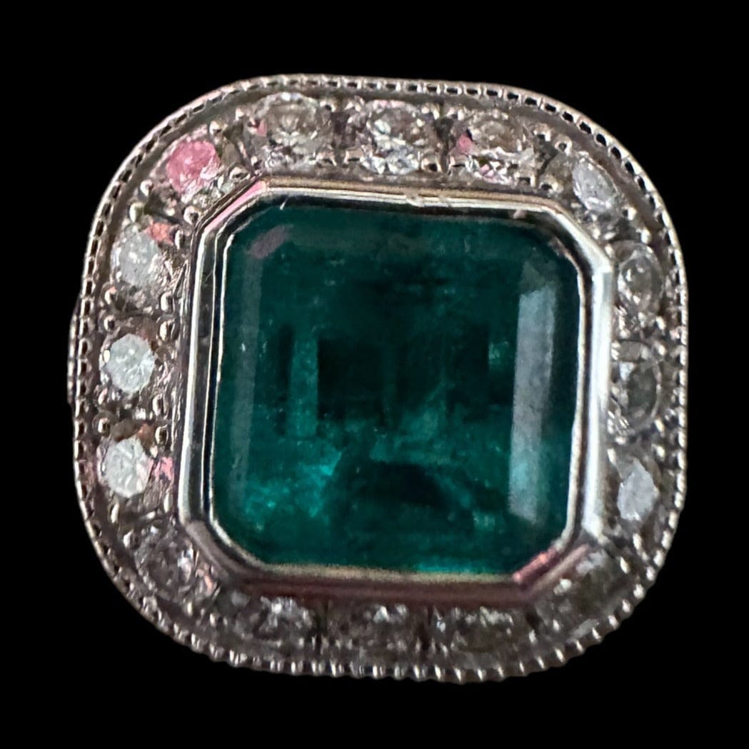 Luxury Promise Square Cut Emerald & Diamond Ring set in Platinum