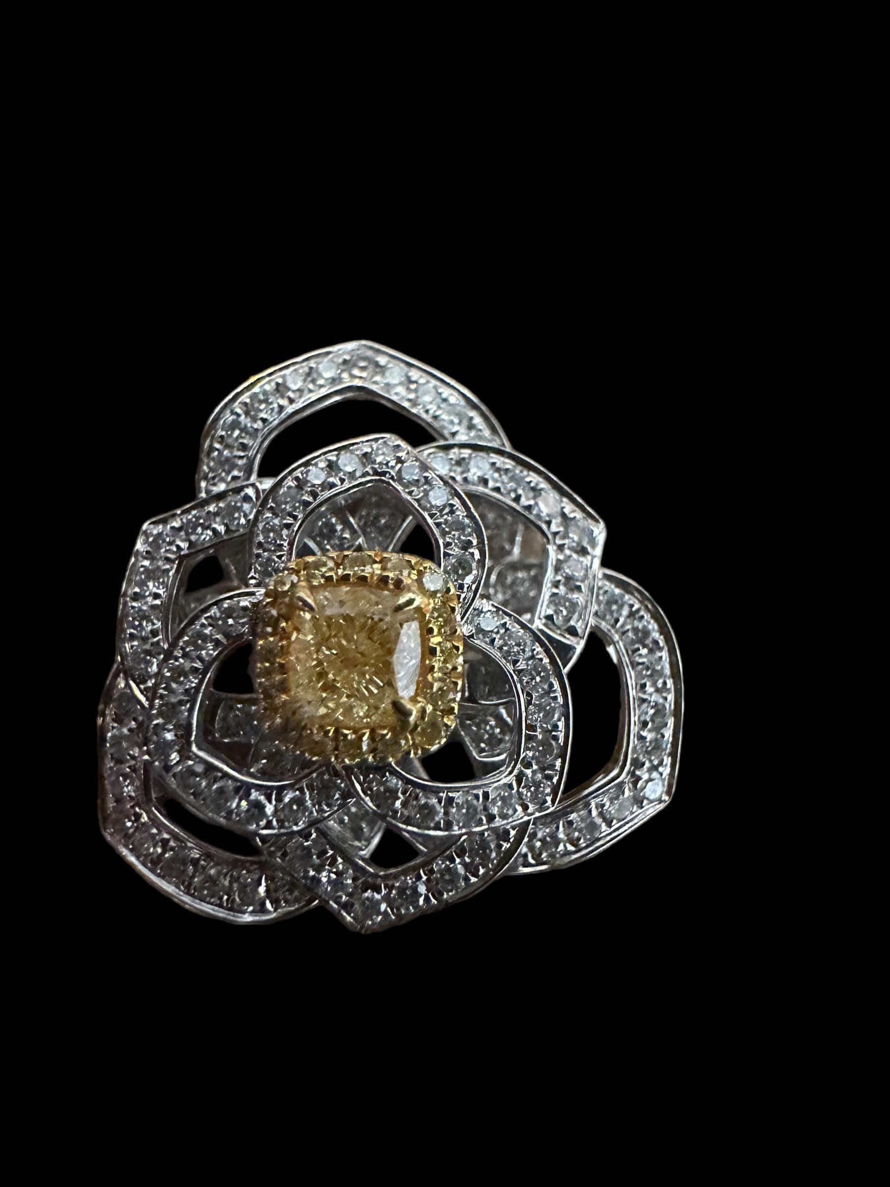 Luxury Promise Yellow Diamond Flower Ring set in 18K White Gold