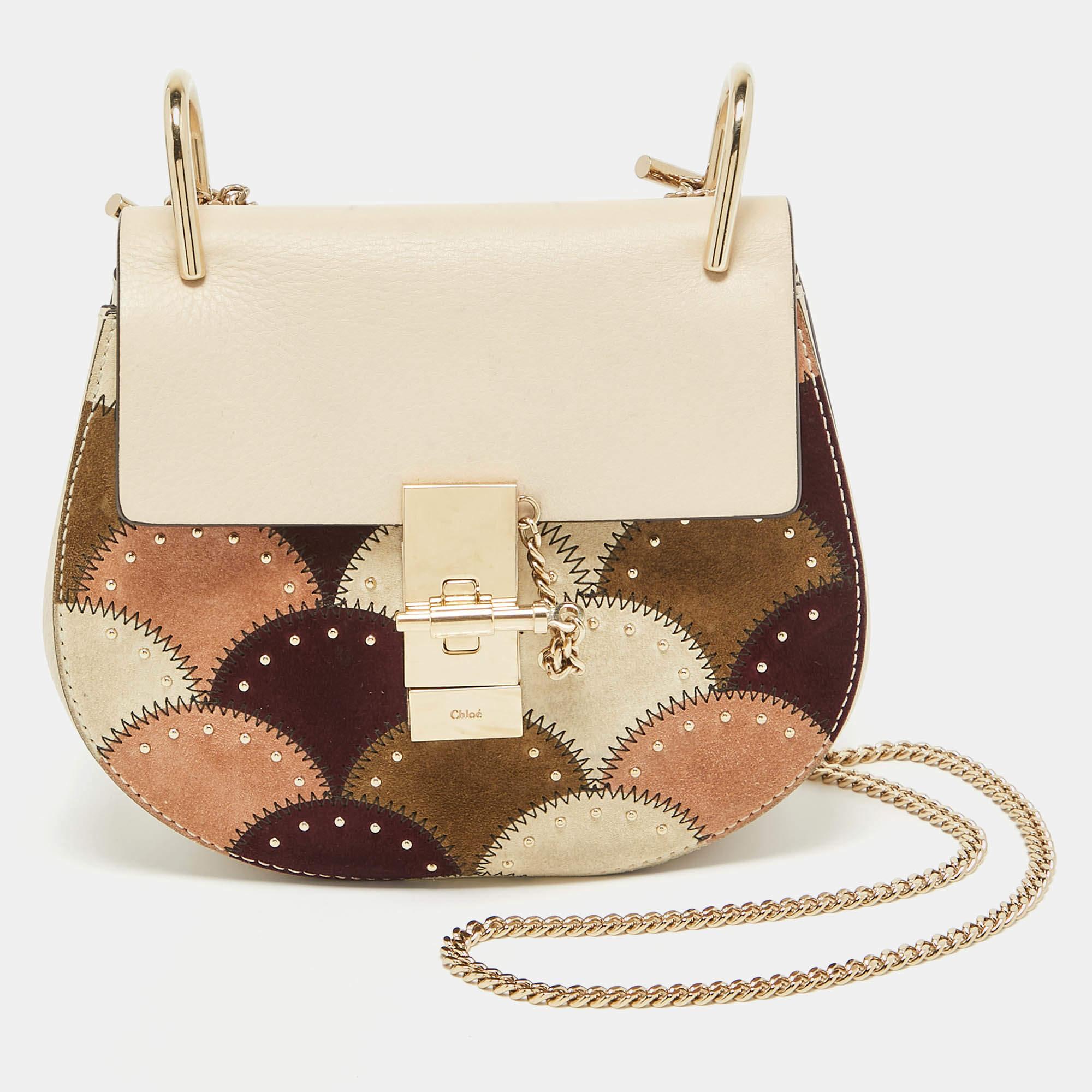 Chloe Multicolor Leather and Suede Studded Patchwork Small Drew Bag RJC4345