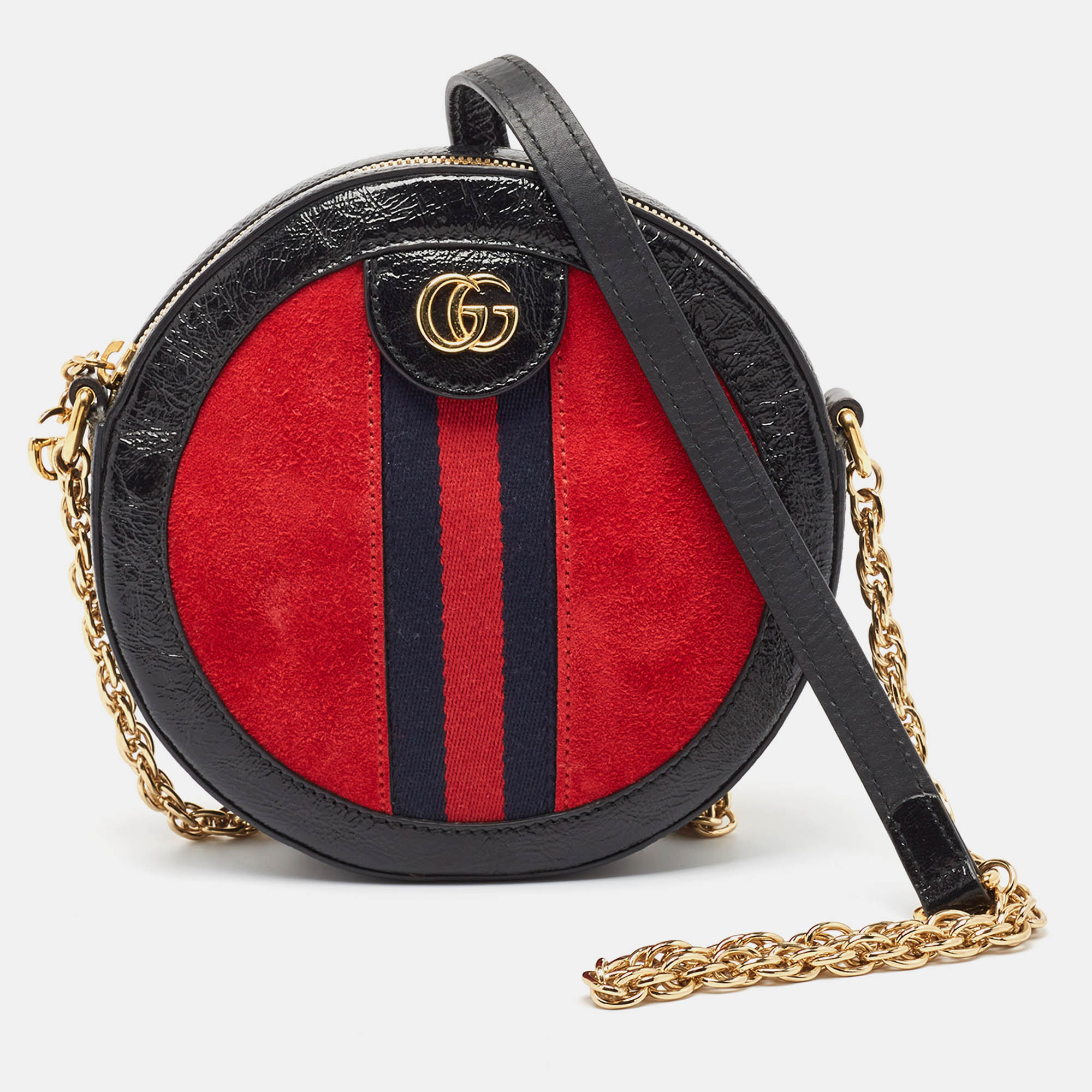 Gucci Black/Red Leather and Suede Mini Ophidia Round Shoulder Bag RJC4372