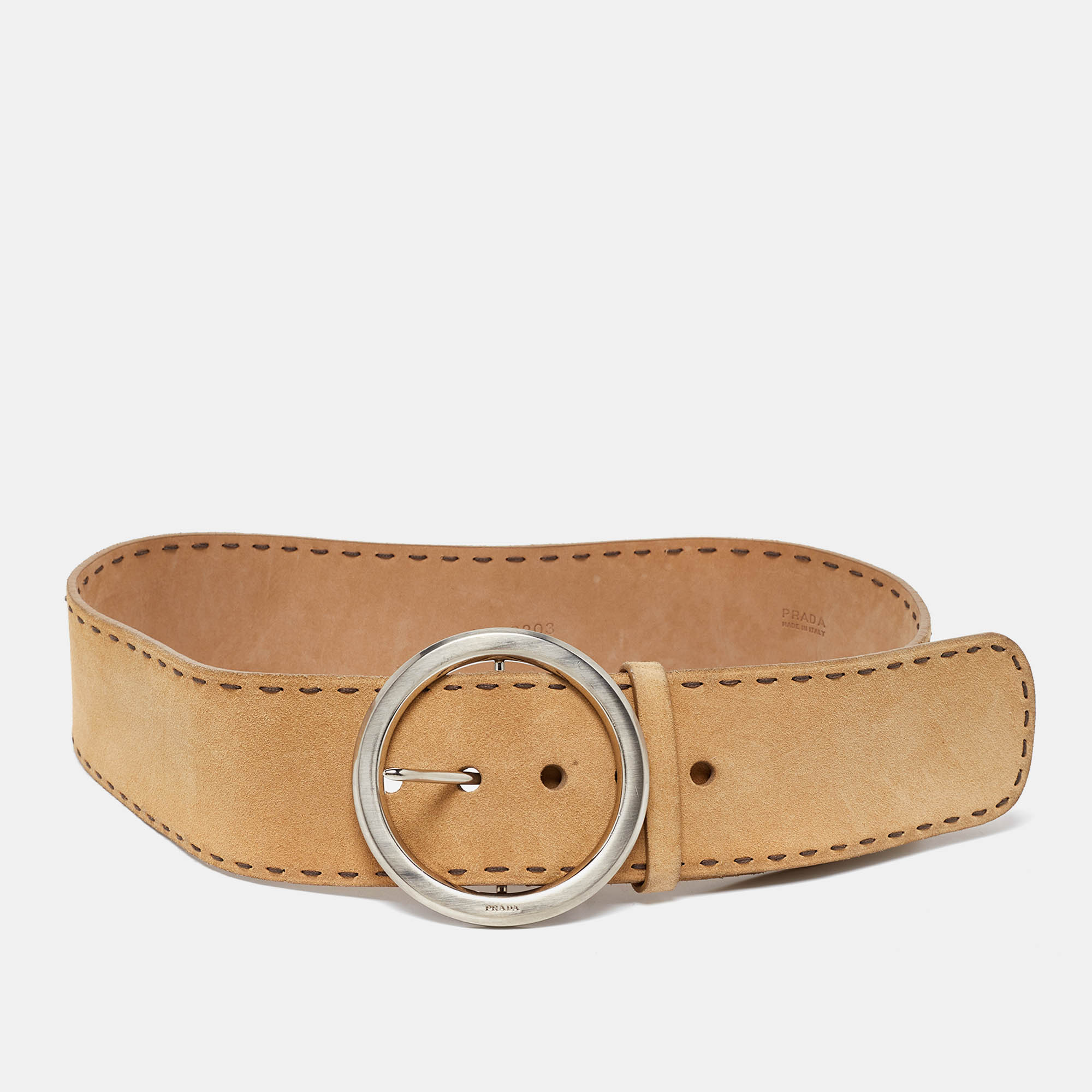 Prada Beige Suede Round Buckle Wide Belt 85CM RJC4355