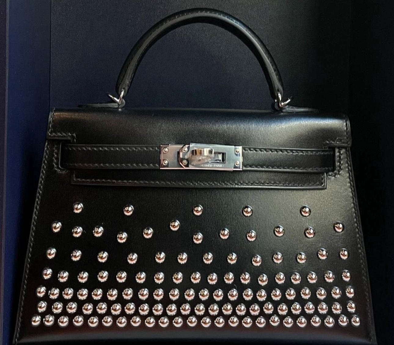 LuxuryPromise HERMÈS CLOUTÉ MINI KELLY 20 STUDDED BLACK BOX PALLADIUM HARDWARE