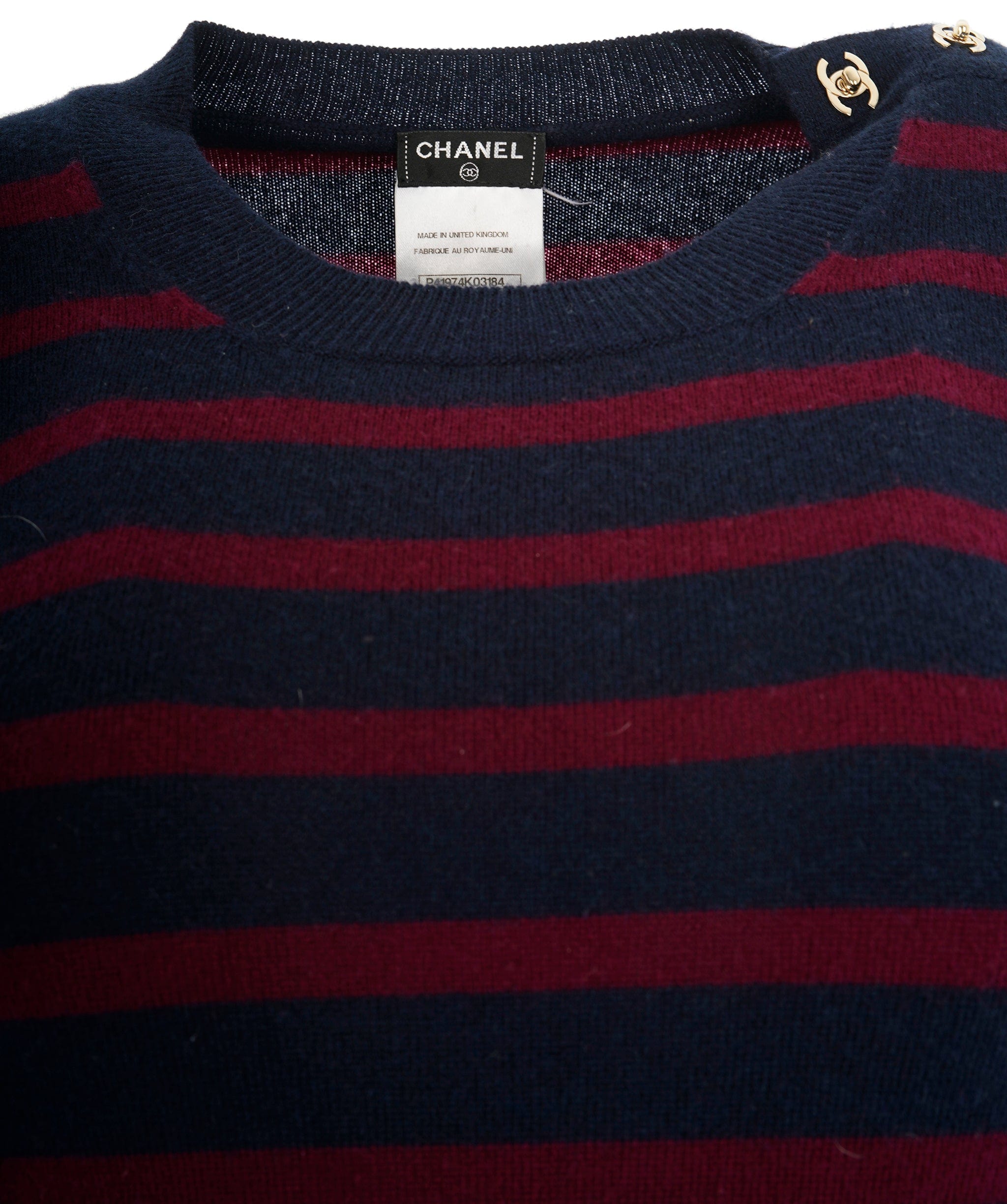 LuxuryPromise Chanel Navy & Burgundy Cashmere CC Turnlock Striped - FR 34 ALC1964