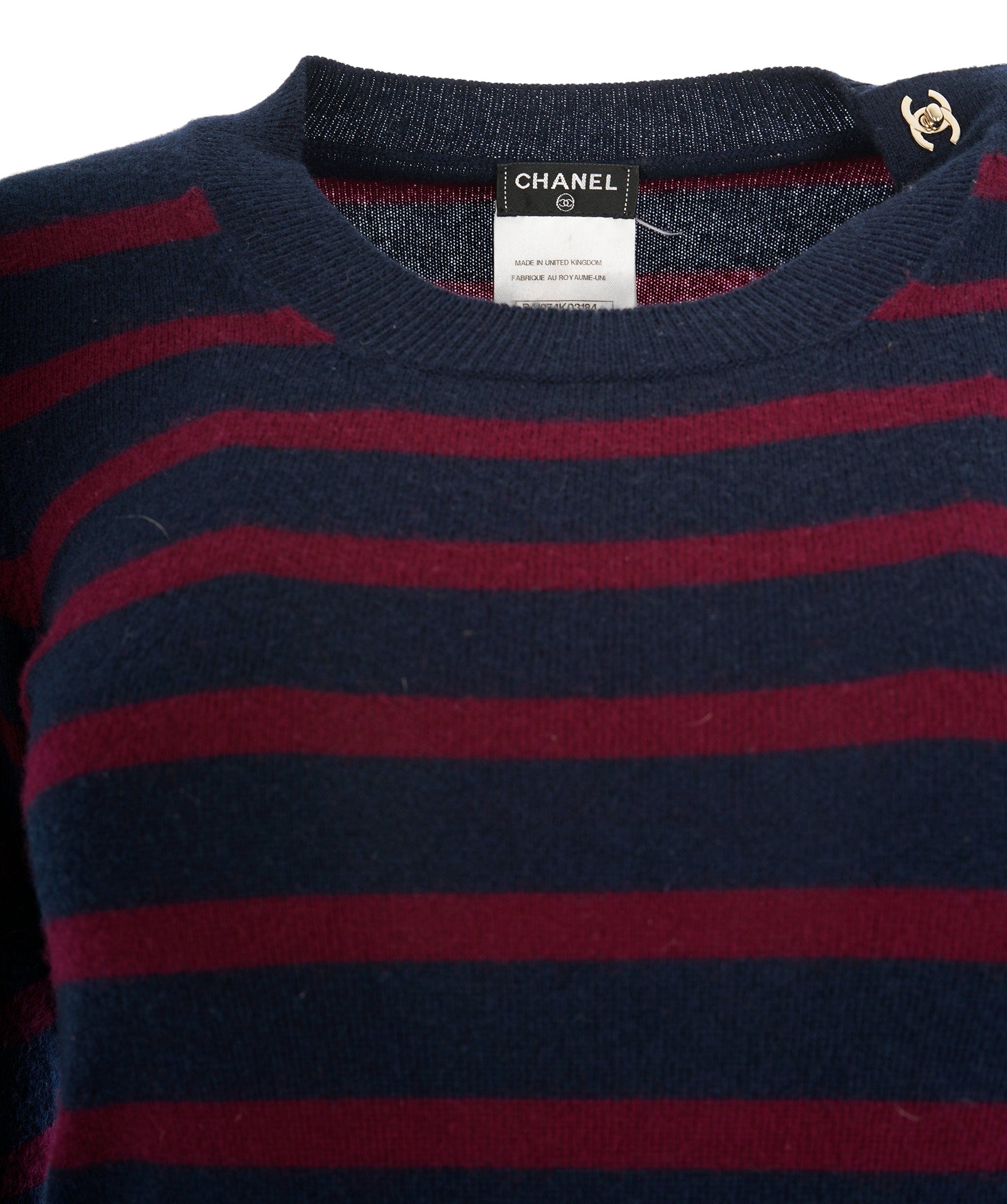 LuxuryPromise Chanel Navy & Burgundy Cashmere CC Turnlock Striped - FR 34 ALC1964