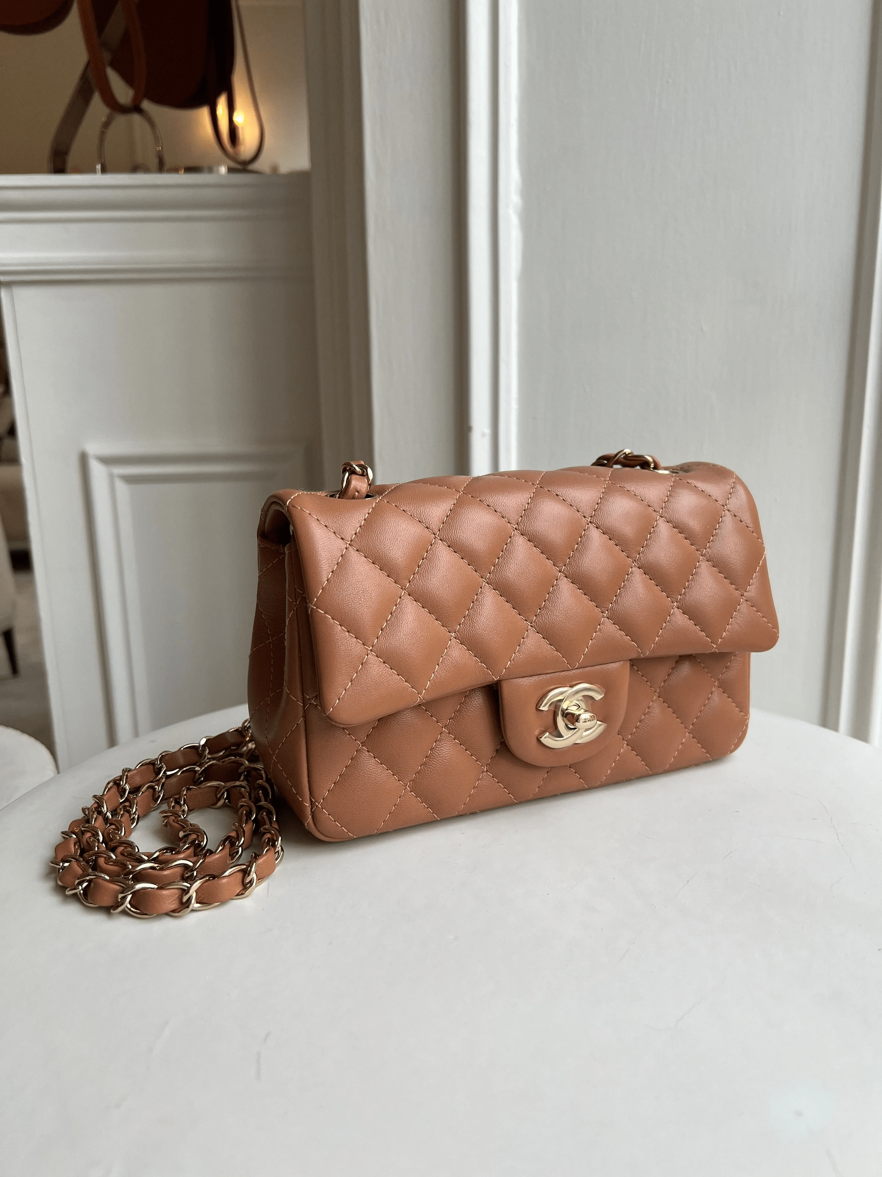 LuxuryVault CHANEL MINI FLAP BAG CARAMEL Lambskin Leather with Gold-Tone Hardware