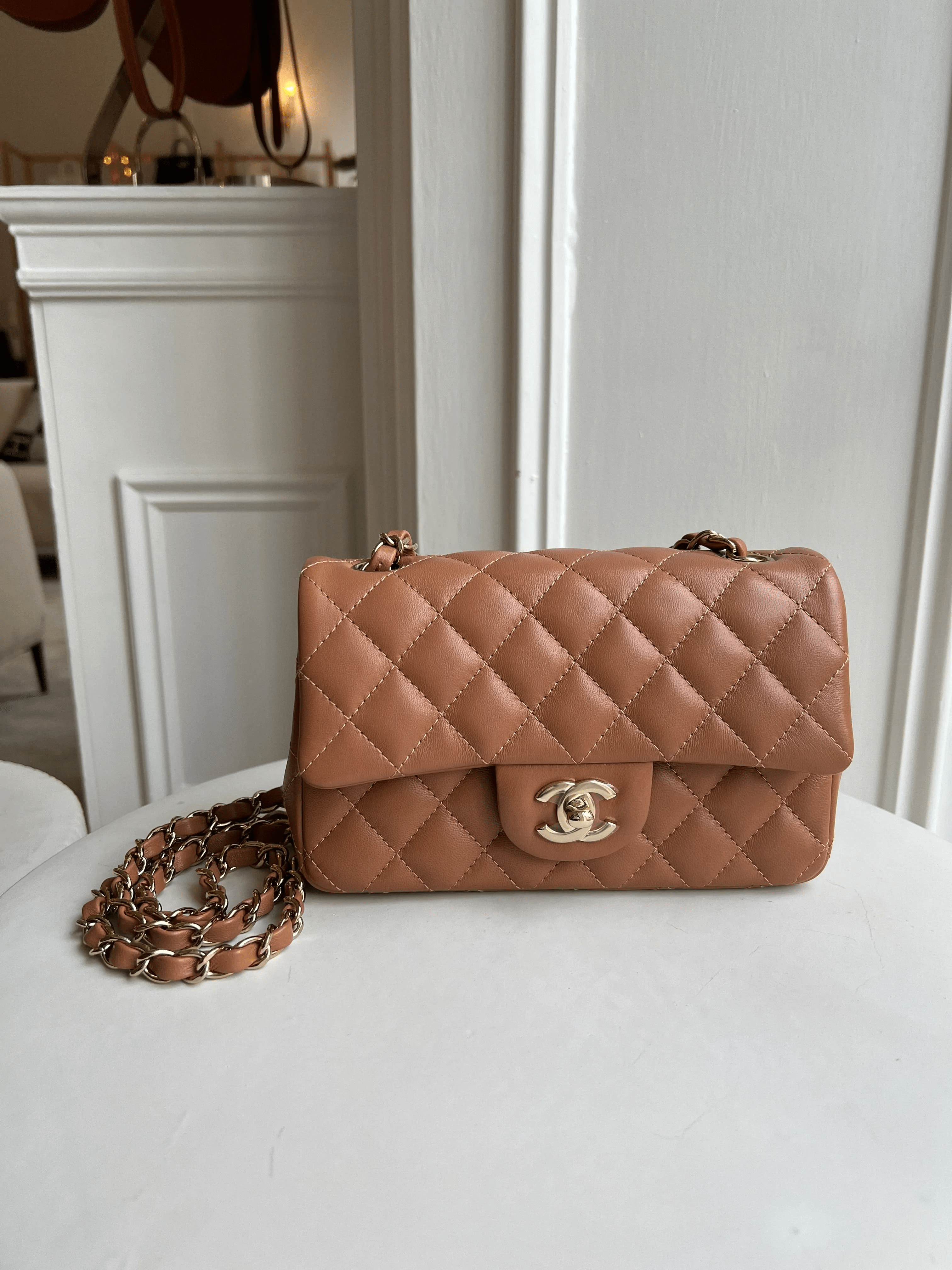 LuxuryVault CHANEL MINI FLAP BAG CARAMEL Lambskin Leather with Gold-Tone Hardware