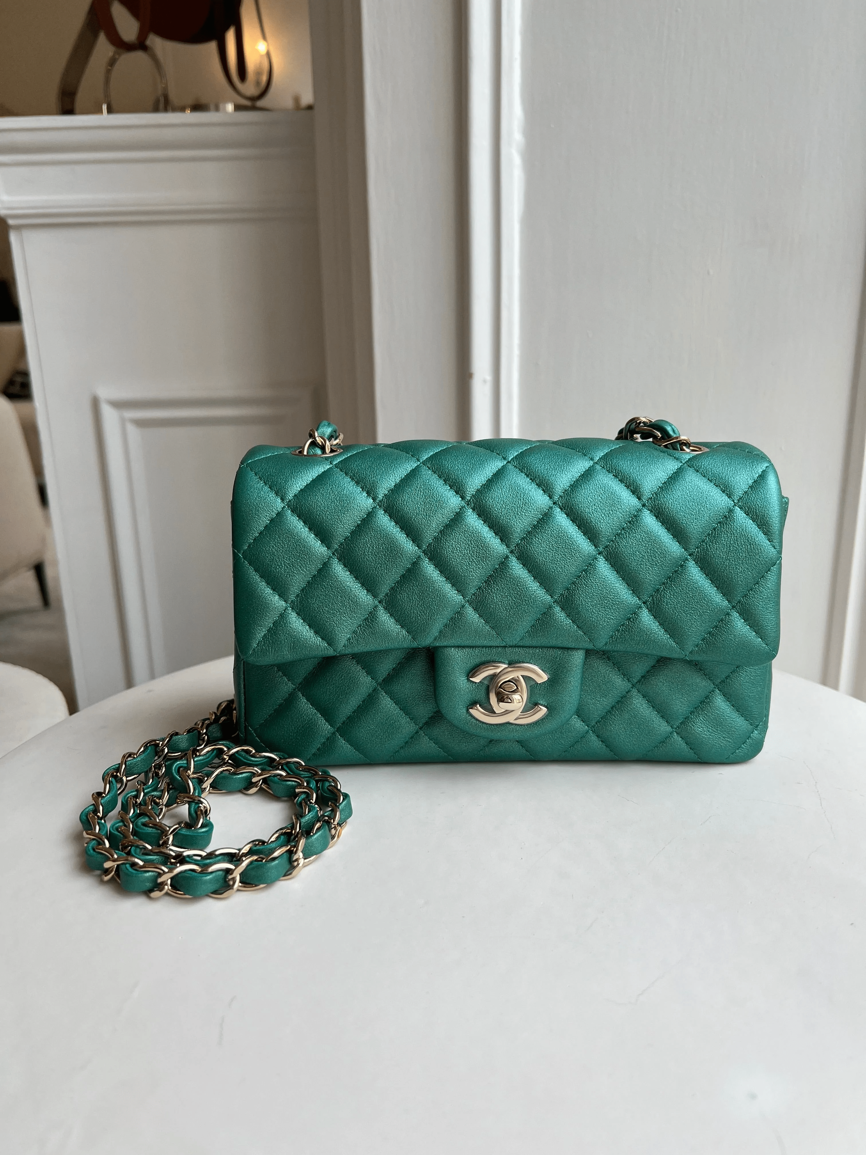 LuxuryVault CHANEL MINI FLAP BAG PEARLESCENT GREEN Lambskin Leather with Champagne Hardware