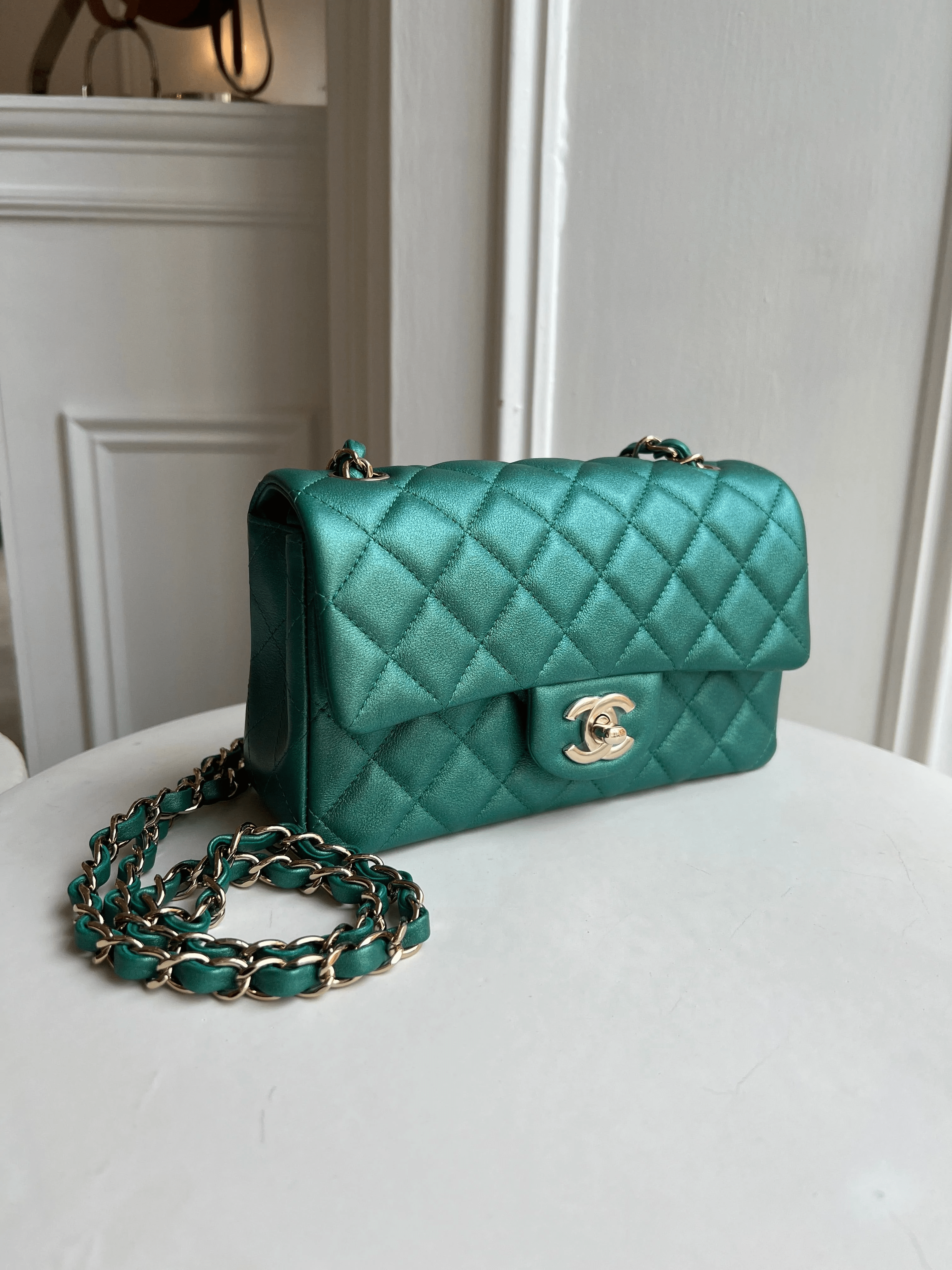 LuxuryVault CHANEL MINI FLAP BAG PEARLESCENT GREEN Lambskin Leather with Champagne Hardware