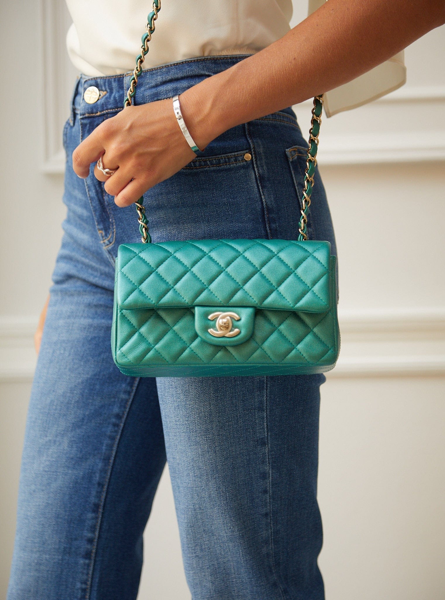 LuxuryVault CHANEL MINI FLAP BAG PEARLESCENT GREEN Lambskin Leather with Champagne Hardware