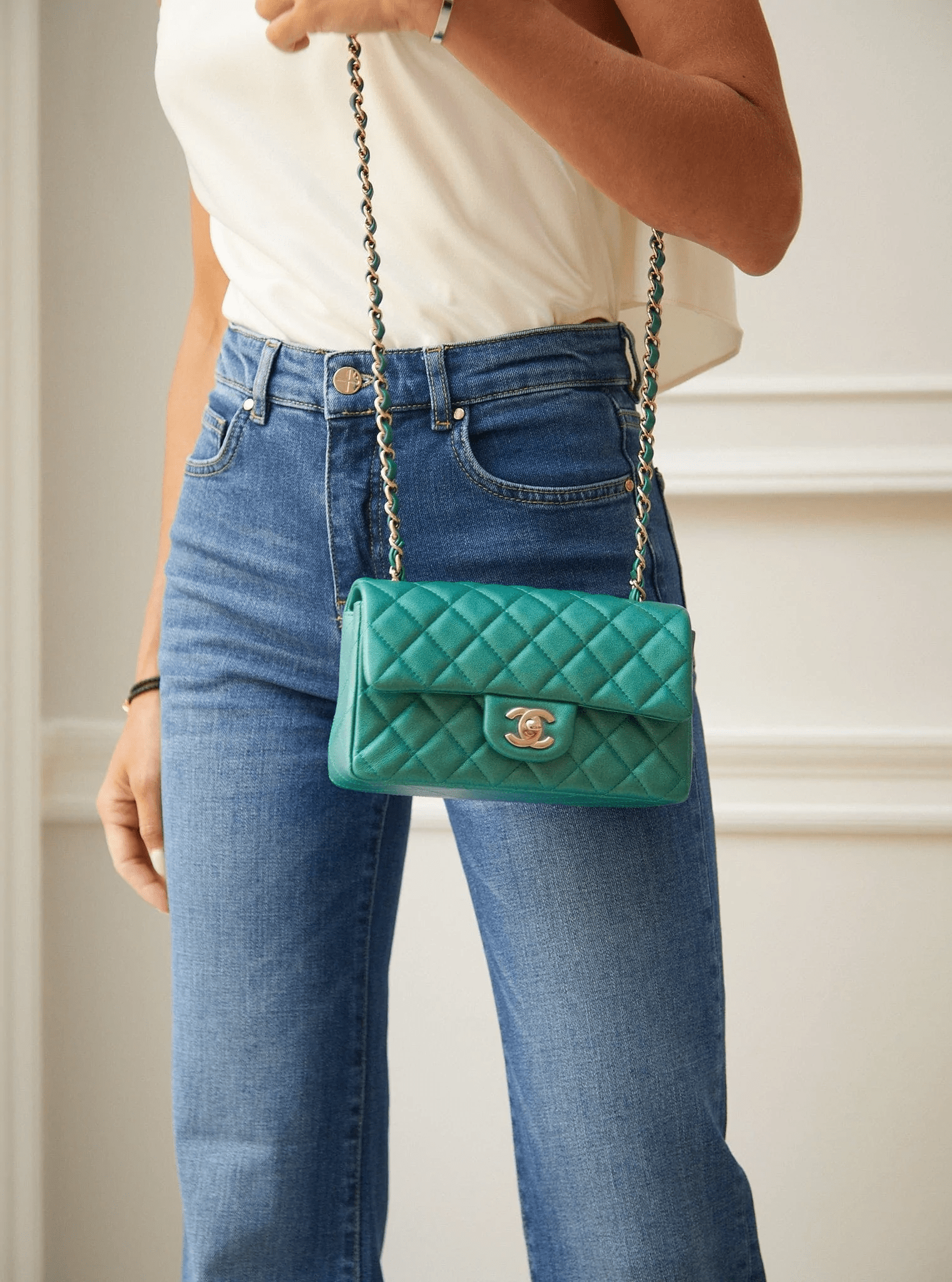 LuxuryVault CHANEL MINI FLAP BAG PEARLESCENT GREEN Lambskin Leather with Champagne Hardware