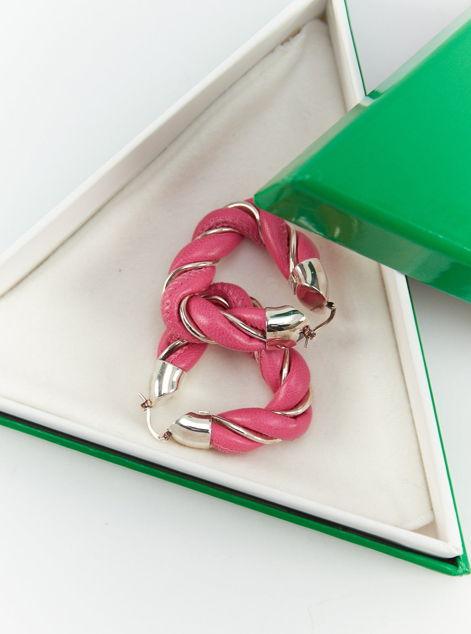 LuxuryVault BOTTEGA VENETA Leather Twist Earrings in Fuschia