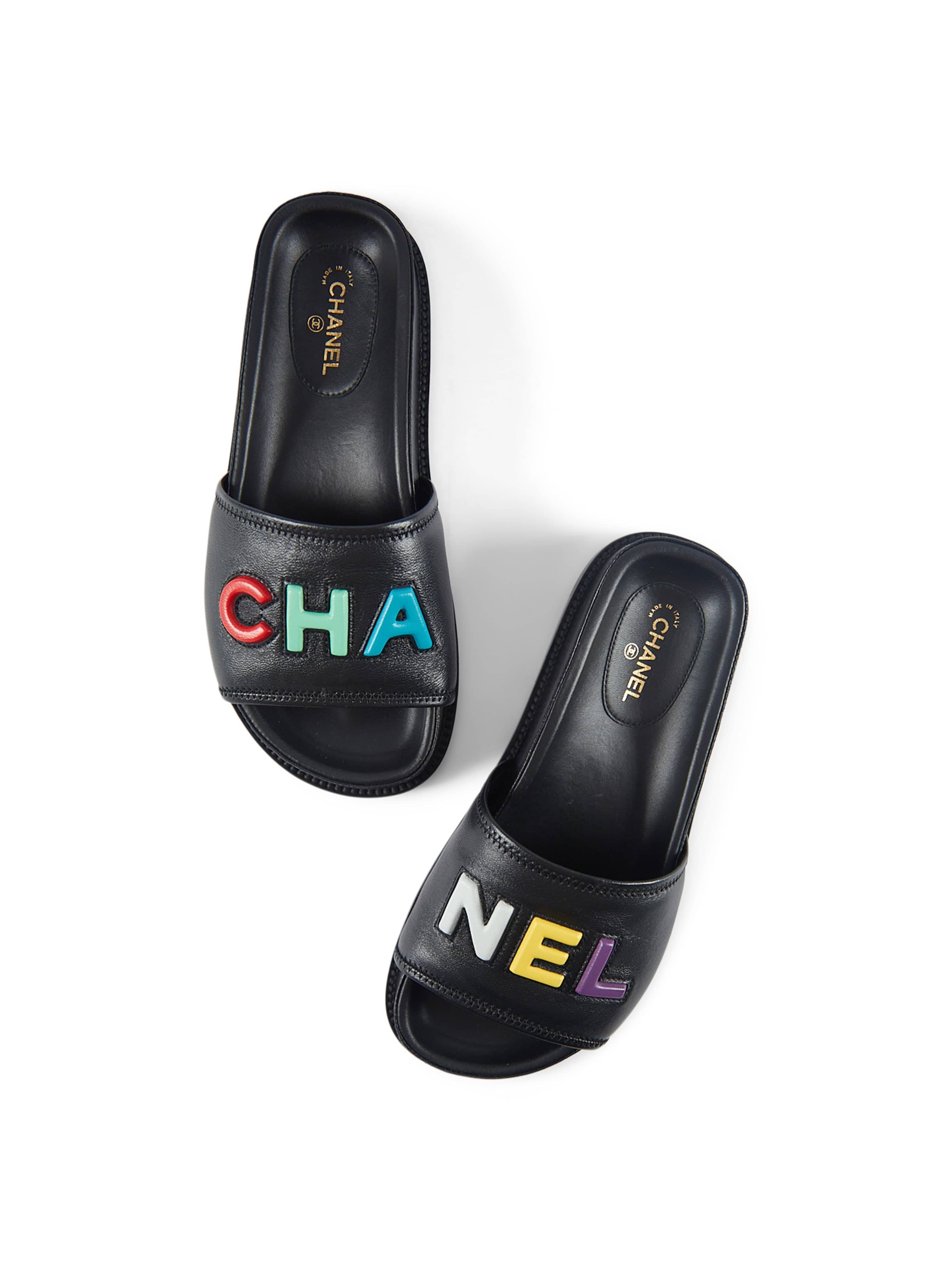 LuxuryVault CHANEL SLIDE SANDALS Black with Multicolour Logo - Size 37