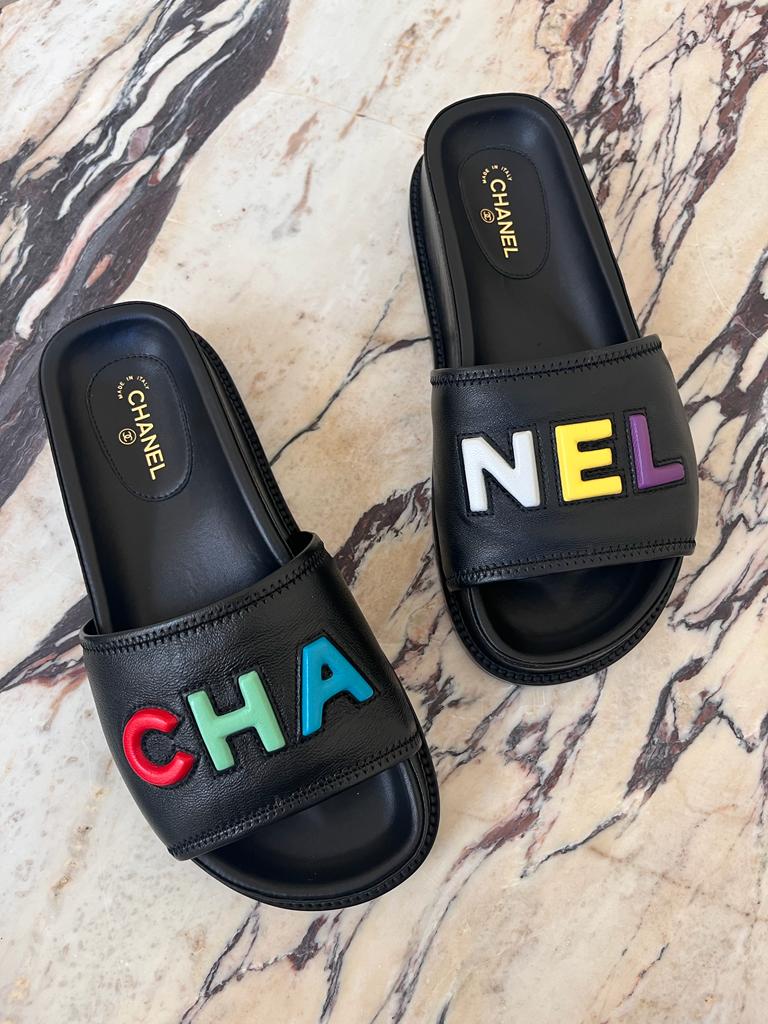 LuxuryVault CHANEL SLIDE SANDALS Black with Multicolour Logo - Size 37