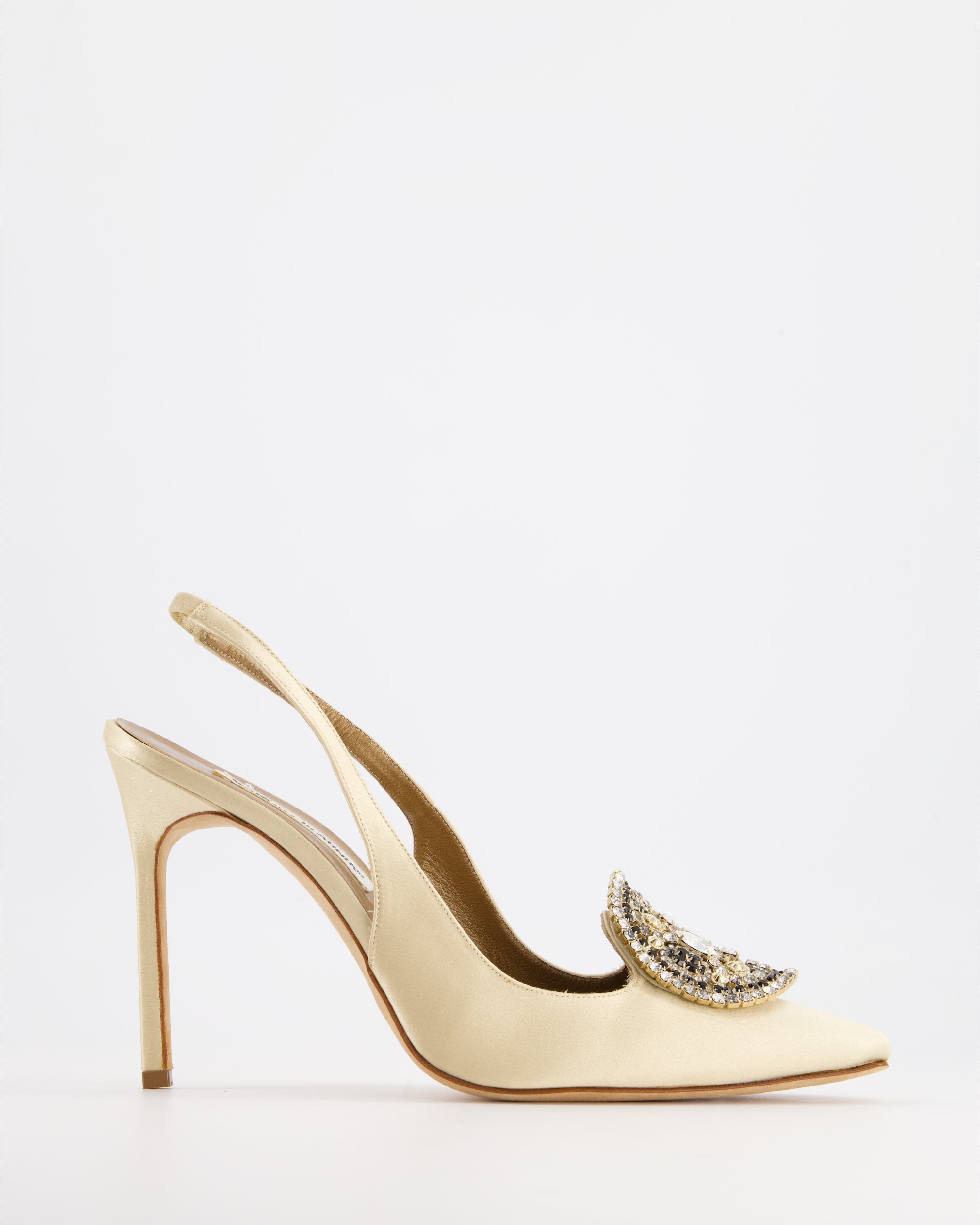 Manolo Blahnik Manolo Blahnik Ivory Satin Sling-Back Heels with Jewel Detail Size EU 40.5