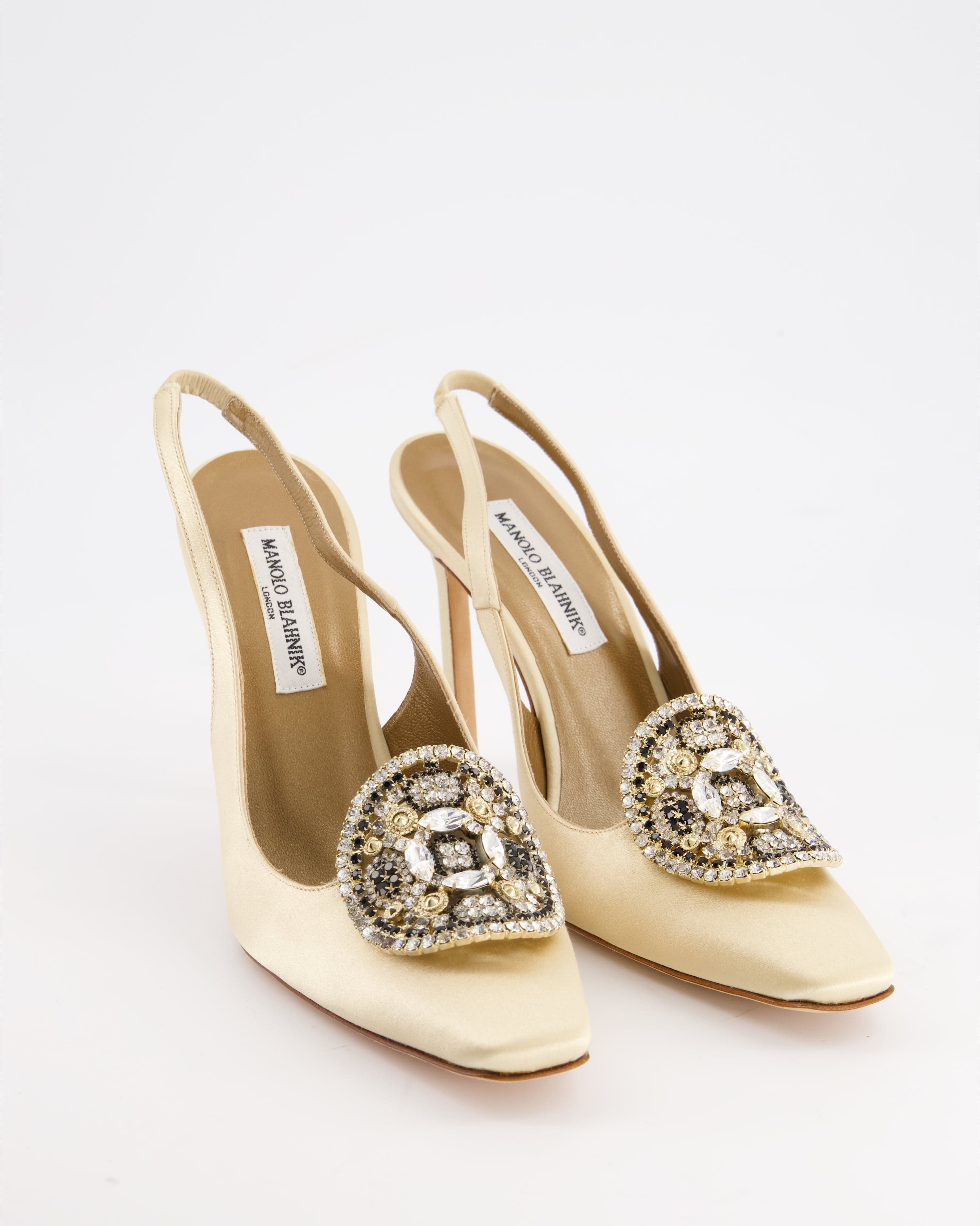 Manolo Blahnik Manolo Blahnik Ivory Satin Sling-Back Heels with Jewel Detail Size EU 40.5