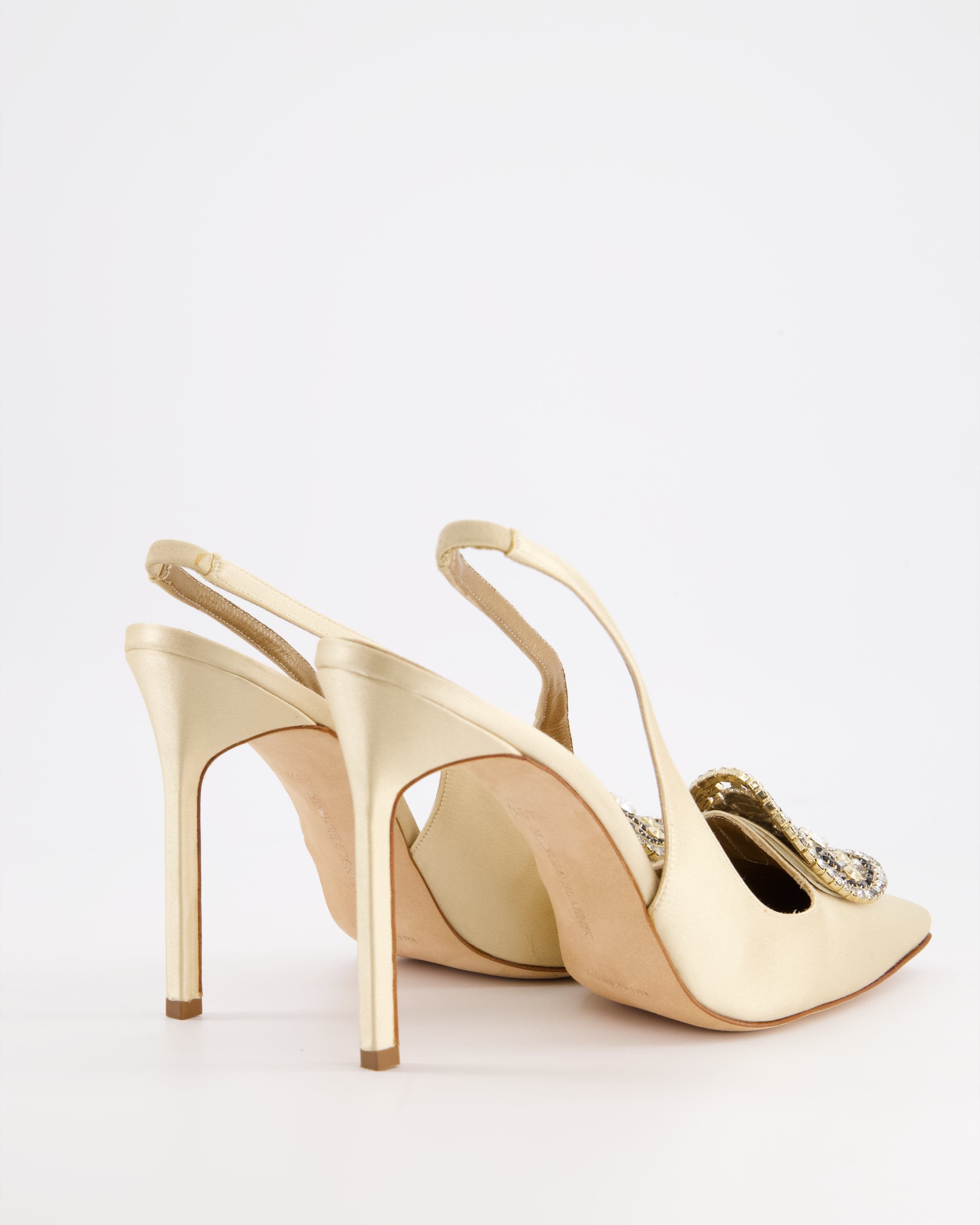 Manolo Blahnik Manolo Blahnik Ivory Satin Sling-Back Heels with Jewel Detail Size EU 40.5