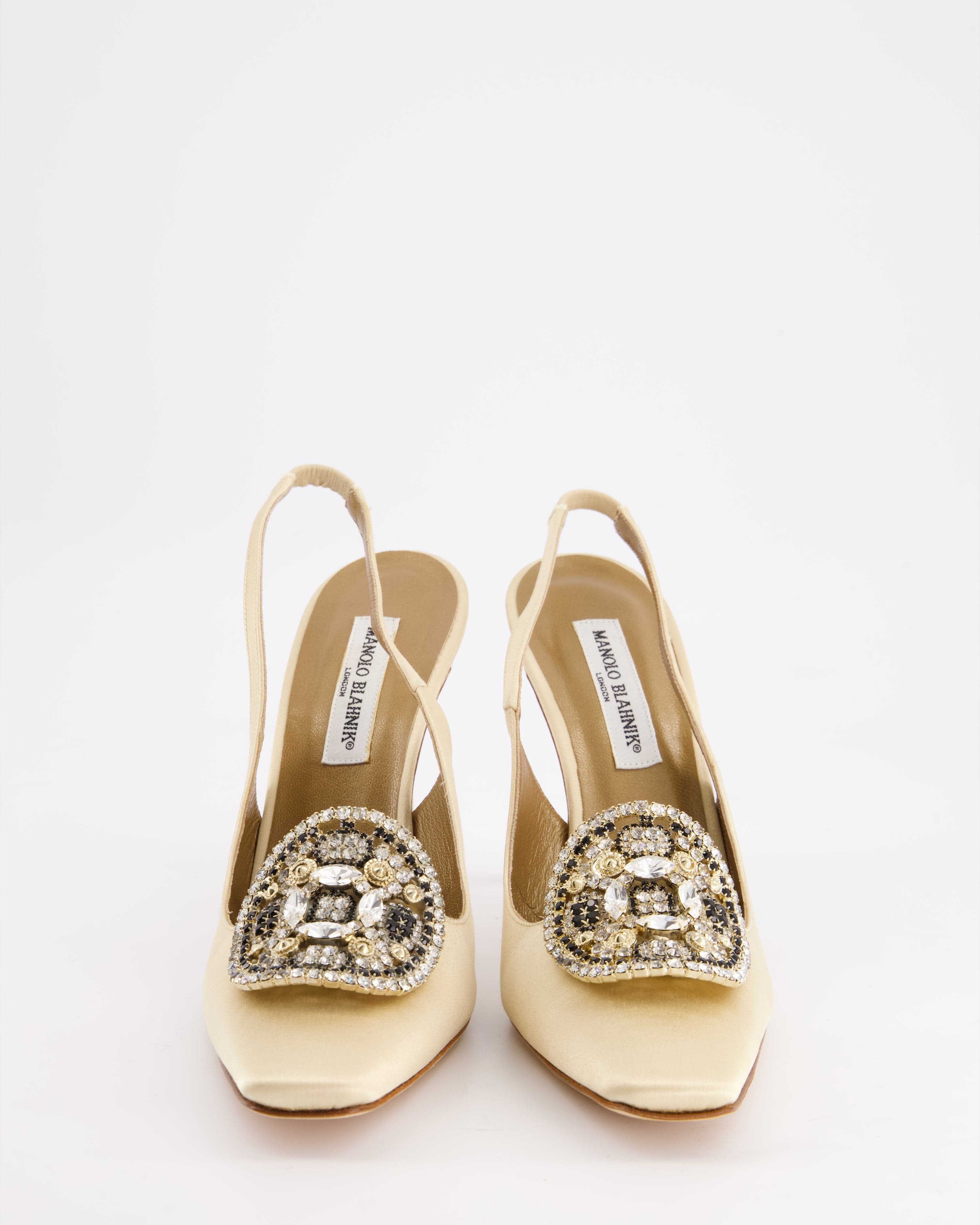 Manolo Blahnik Manolo Blahnik Ivory Satin Sling-Back Heels with Jewel Detail Size EU 40.5