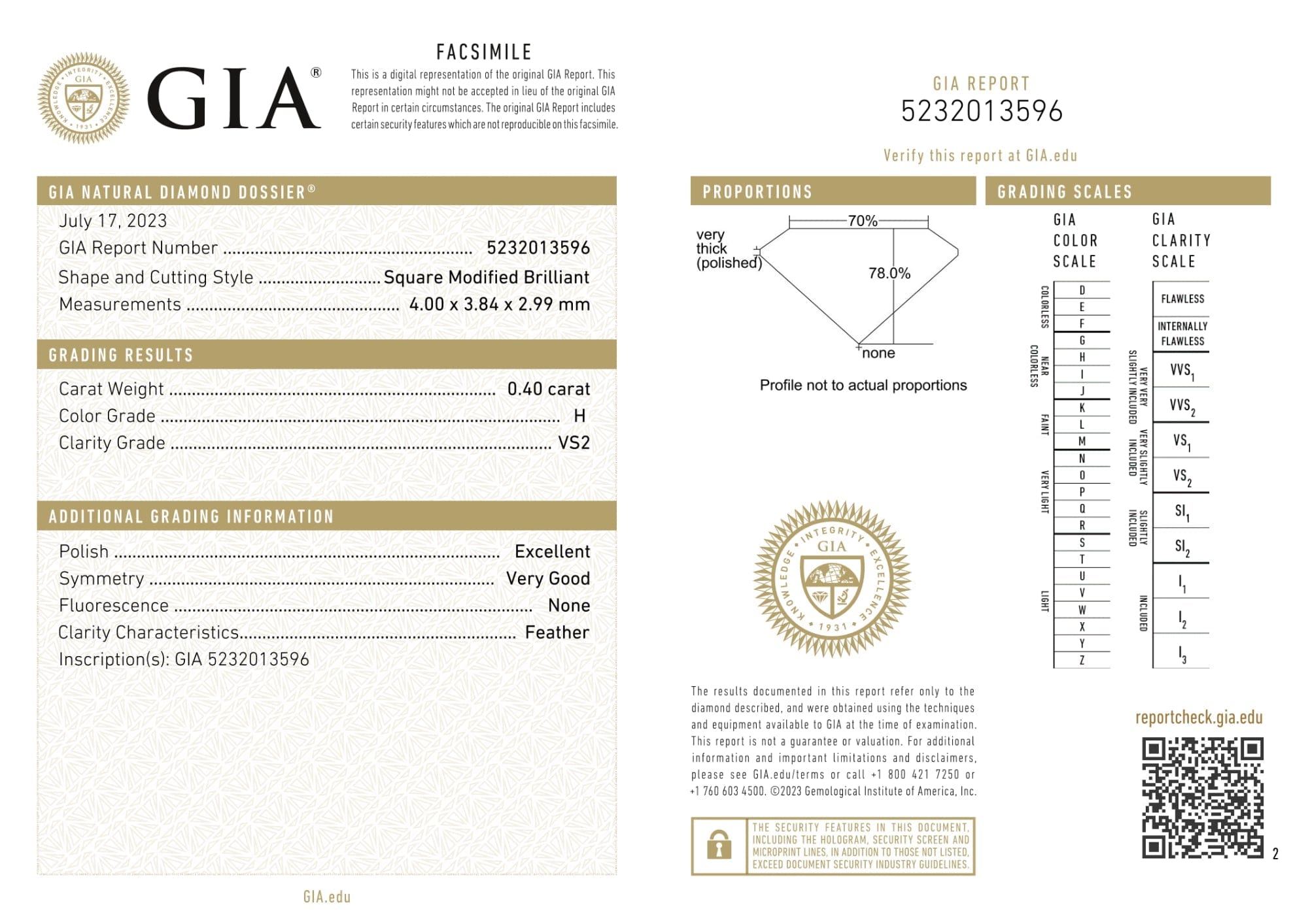 myGemma GIA Certified 0.40 Ct Princess cut H VS2 Loose Diamond