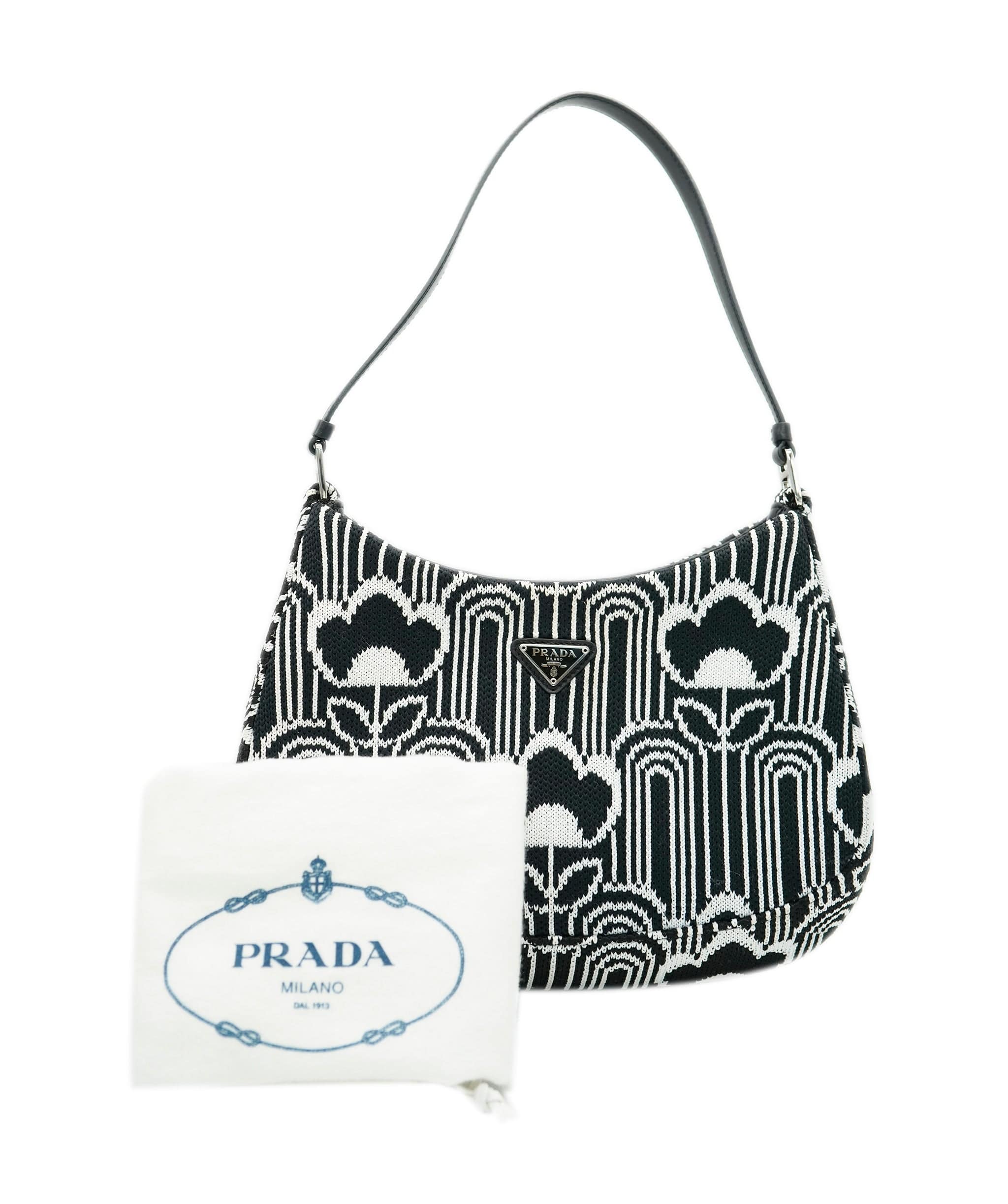 Prada Prada Black White Jacquard Knit Cleo Shoulder Bag ALC1717