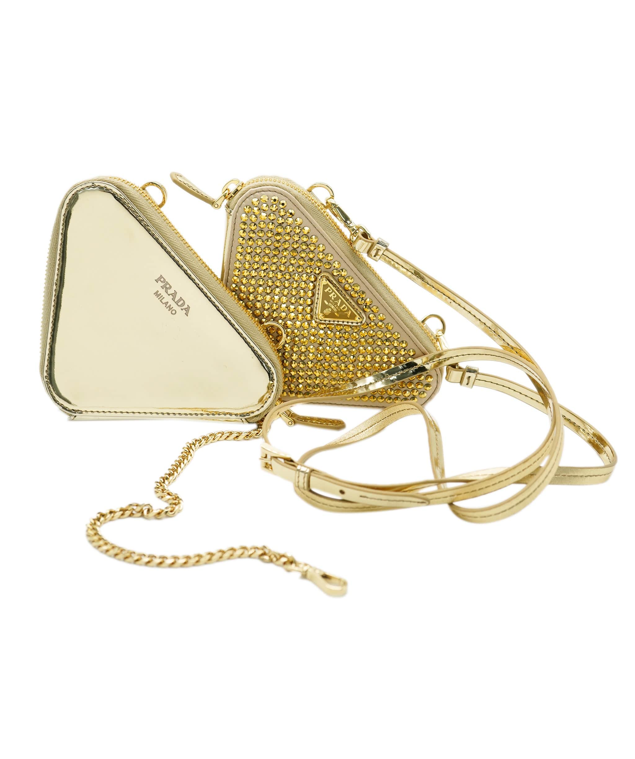 Prada Prada Gold Satin & Patent Leather Crystal Embellished Triangular Mini Pouch ABC0782