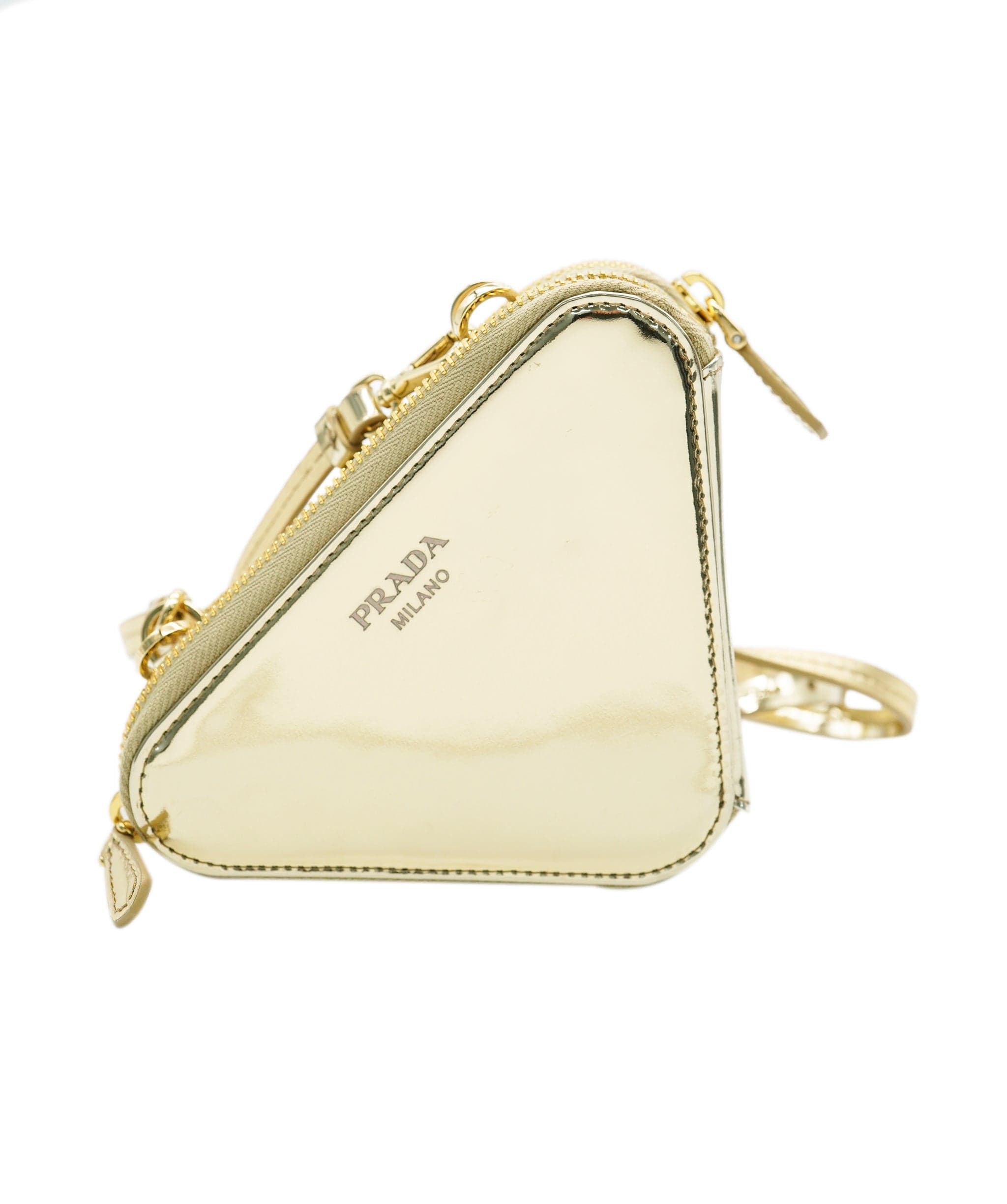 Prada Prada Gold Satin & Patent Leather Crystal Embellished Triangular Mini Pouch ABC0782