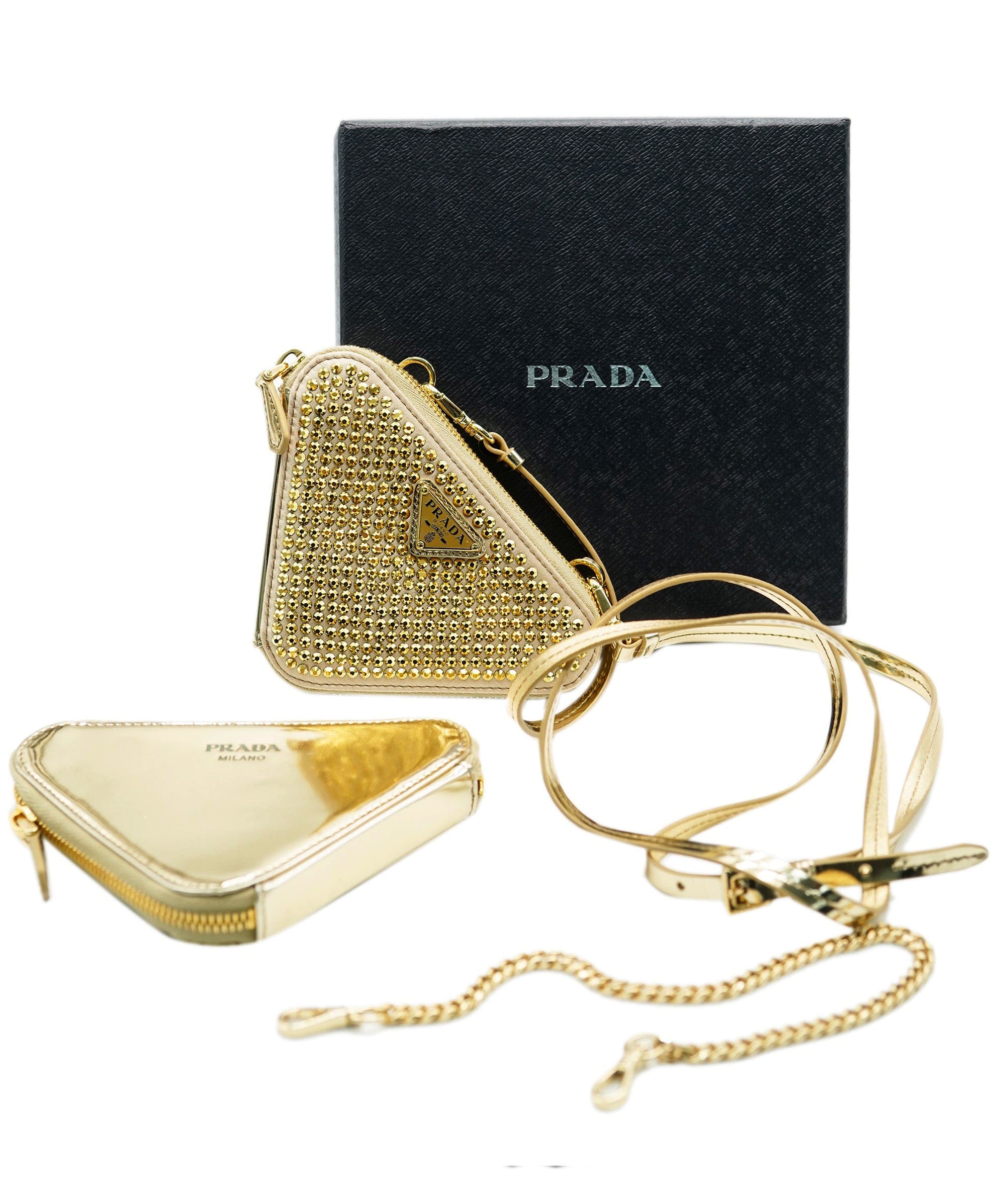 Prada Prada Gold Satin & Patent Leather Crystal Embellished Triangular Mini Pouch ABC0782