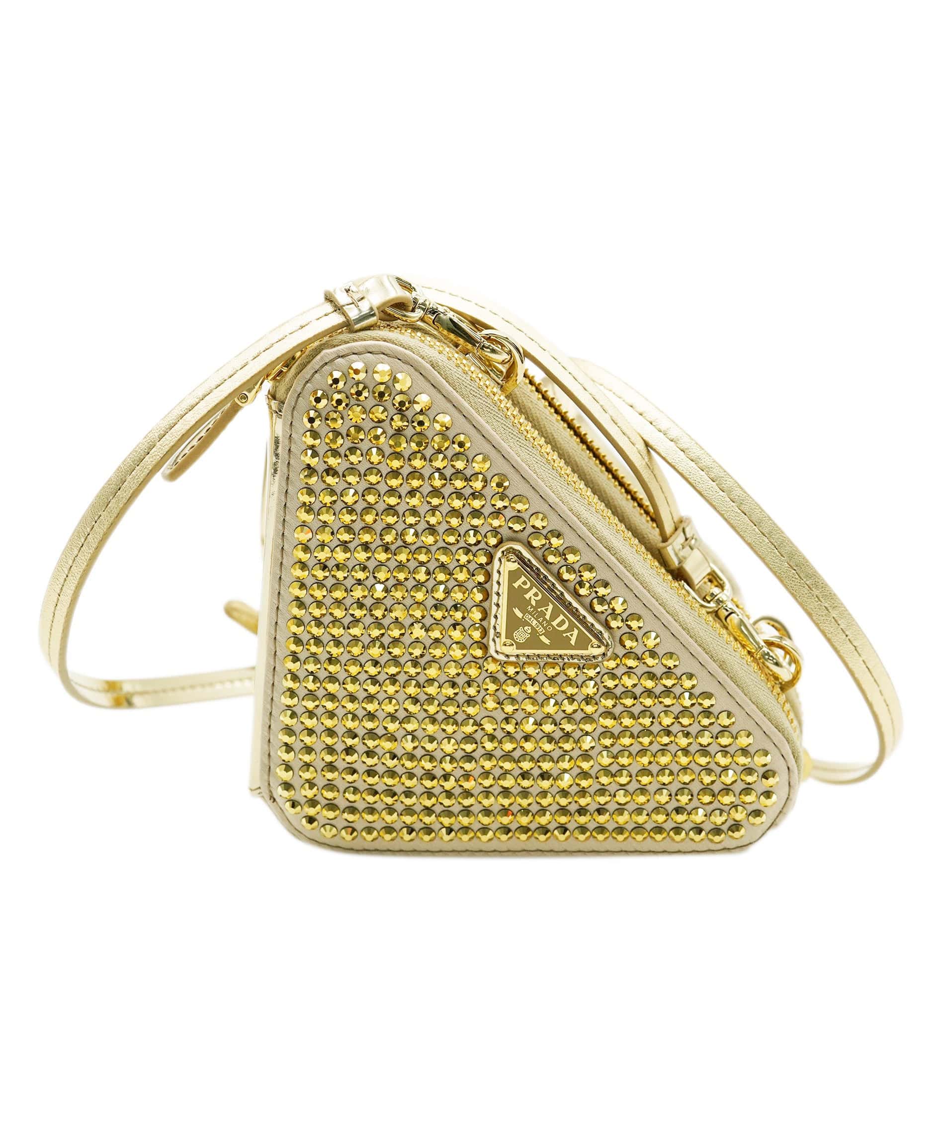 Prada Prada Gold Satin & Patent Leather Crystal Embellished Triangular Mini Pouch ABC0782