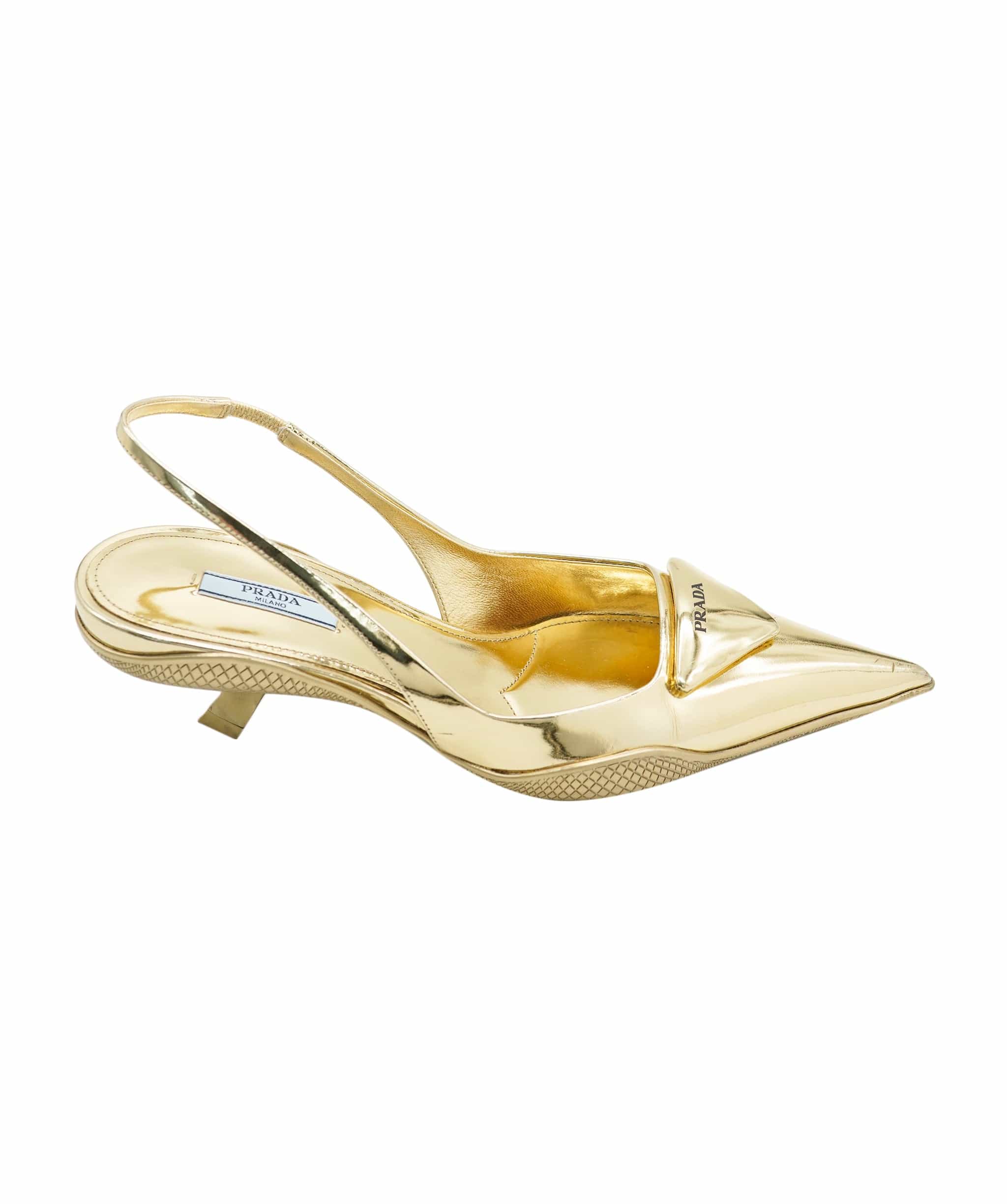 Prada Prada Gold Pointy Heels 38 *From Hannah Stafford Taylors Wardrobe * ALC1423