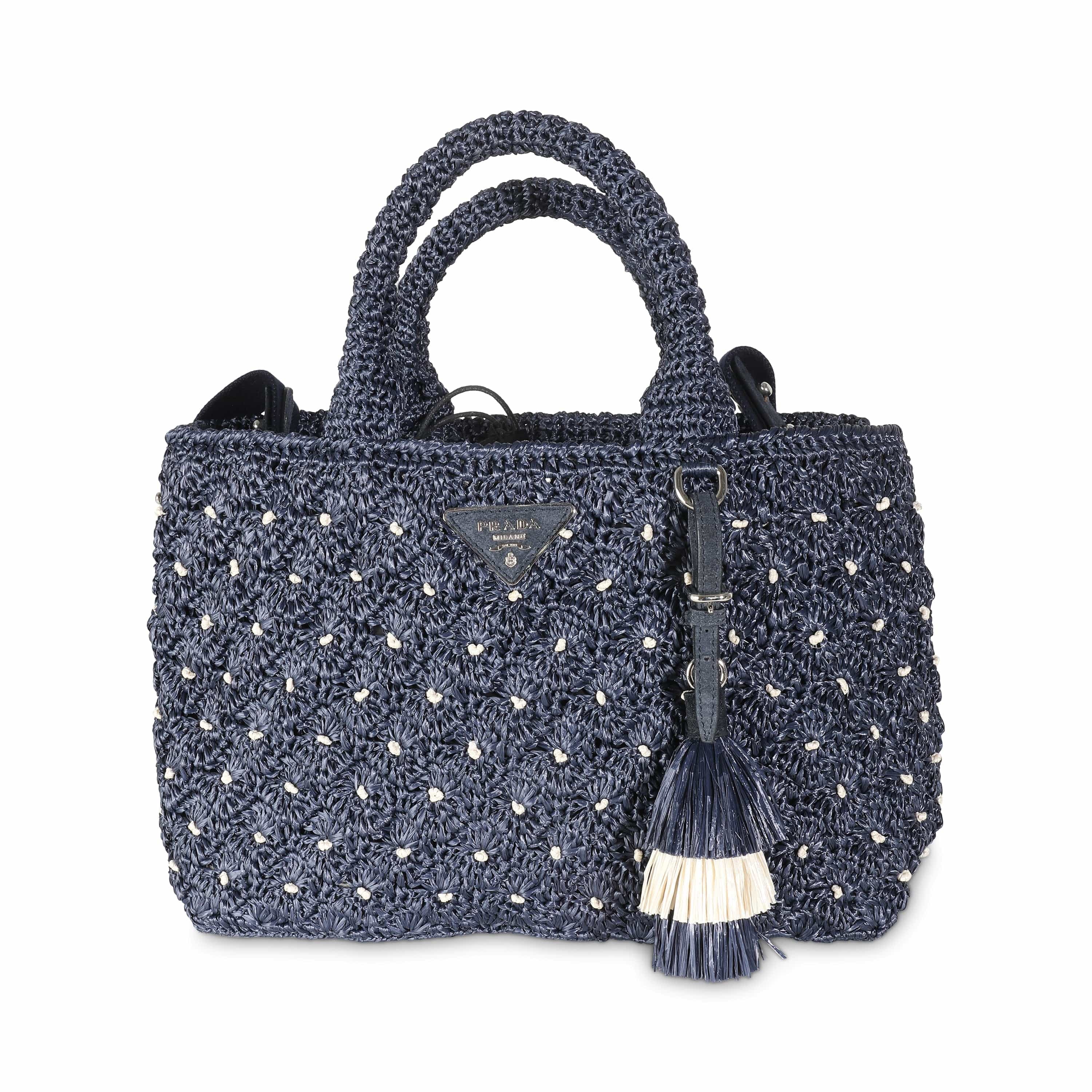 Prada Navy Crochet Woven Raffia Small Canapa Tote