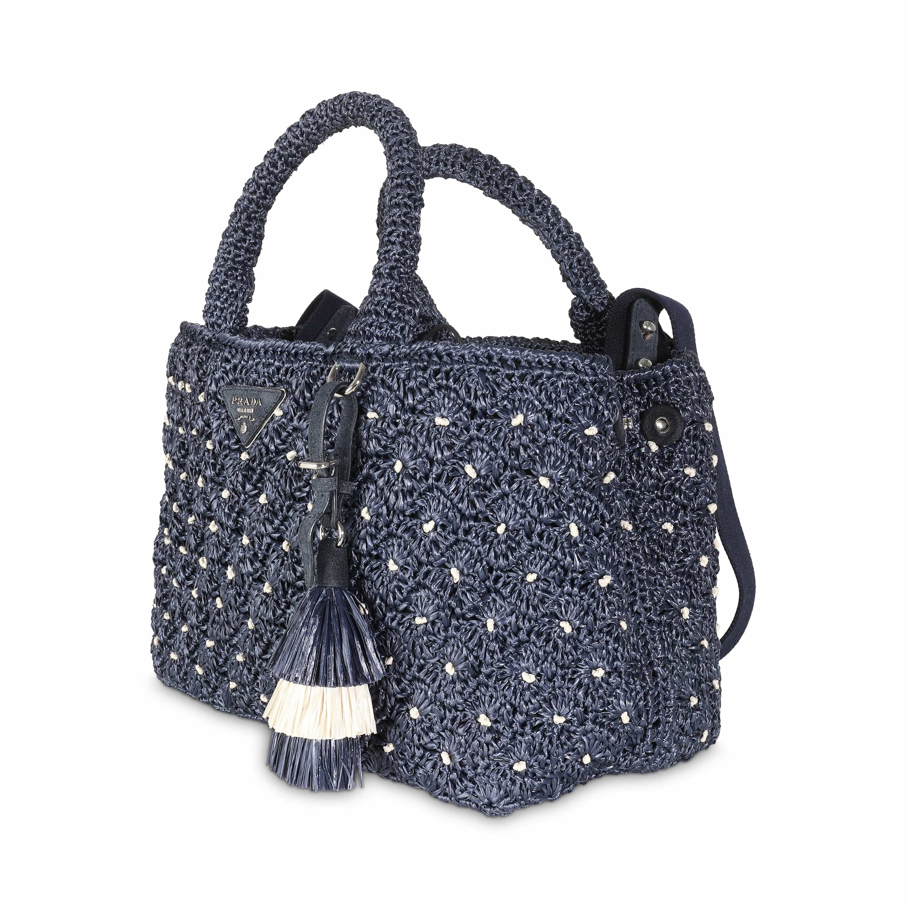 Prada Navy Crochet Woven Raffia Small Canapa Tote