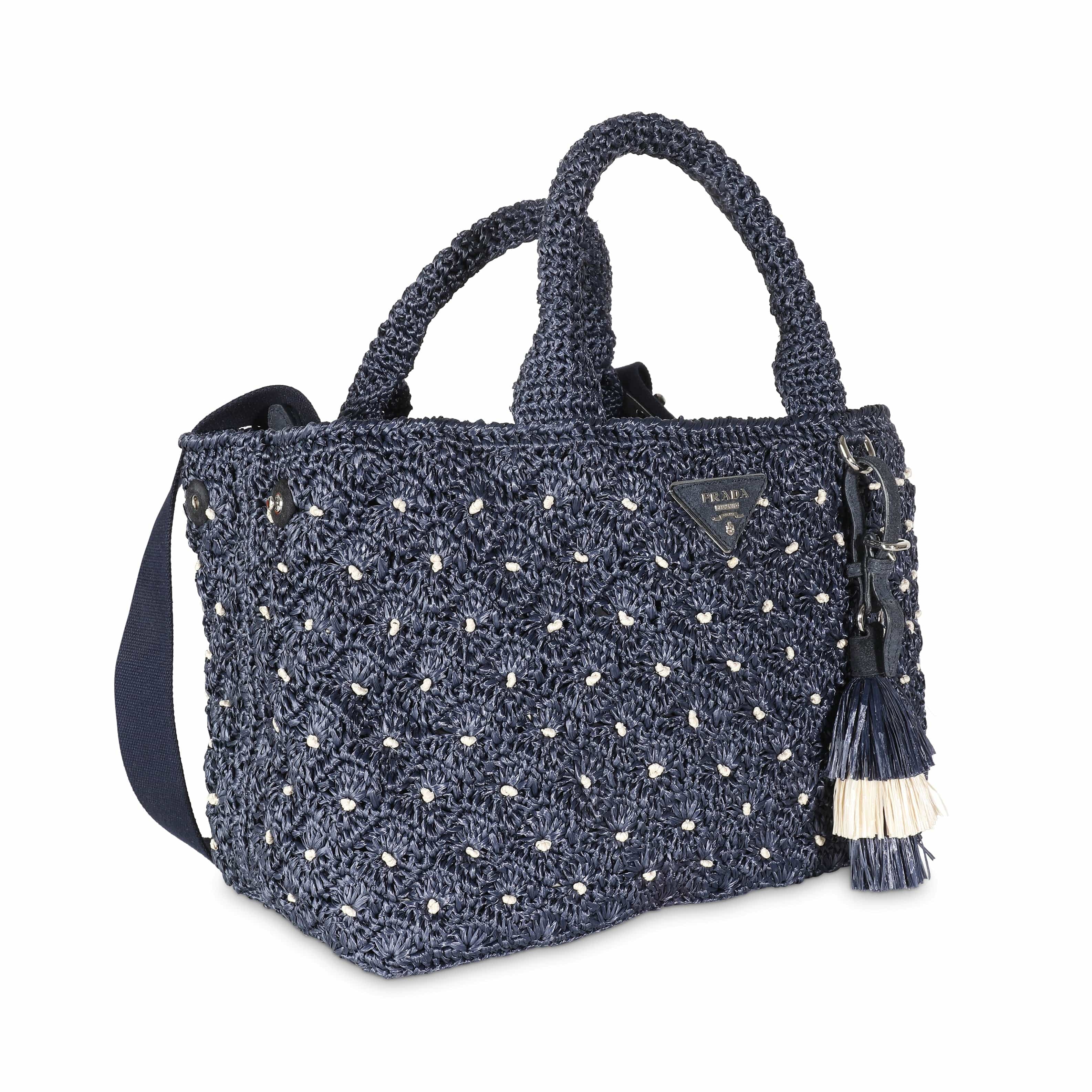 Prada Navy Crochet Woven Raffia Small Canapa Tote