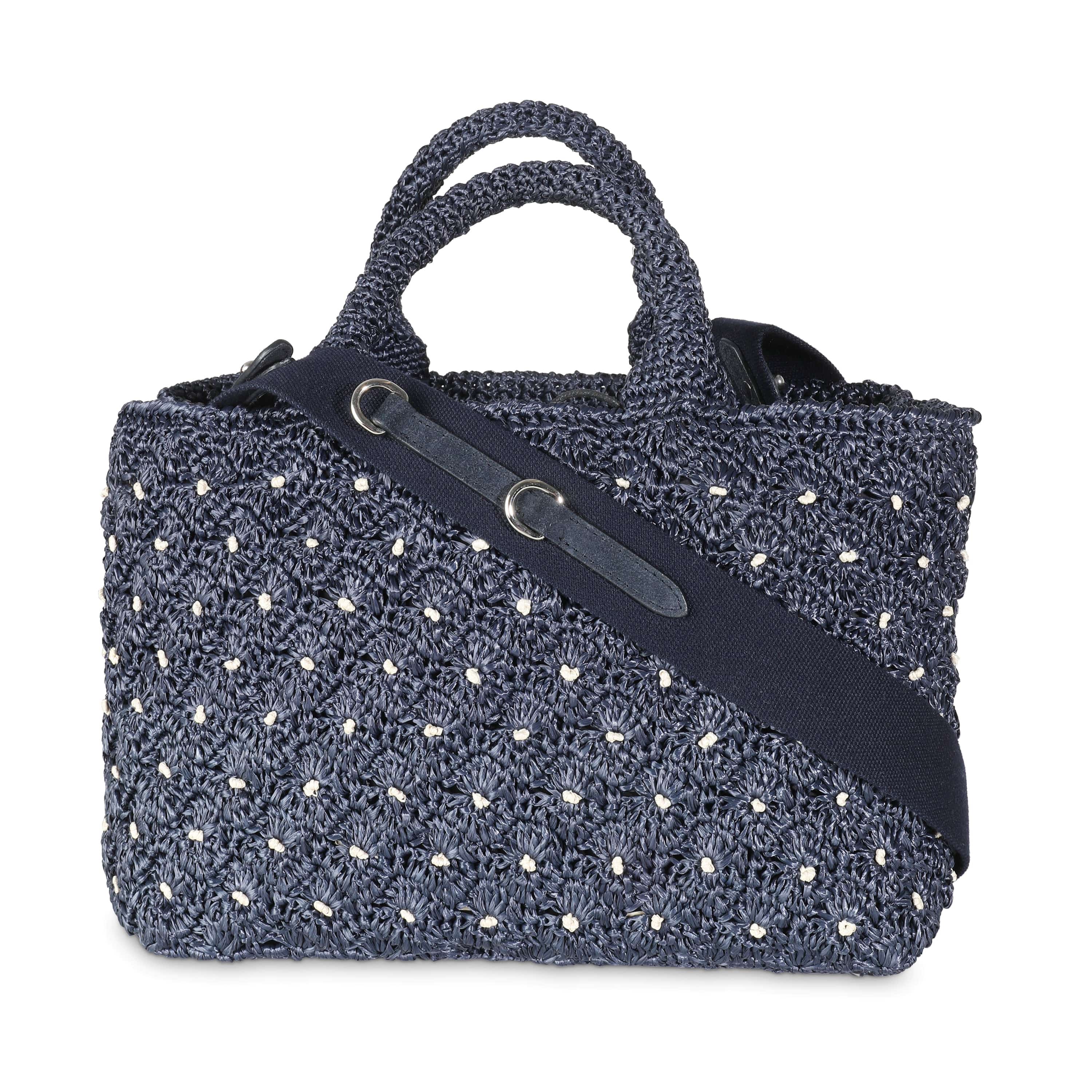 Prada Navy Crochet Woven Raffia Small Canapa Tote