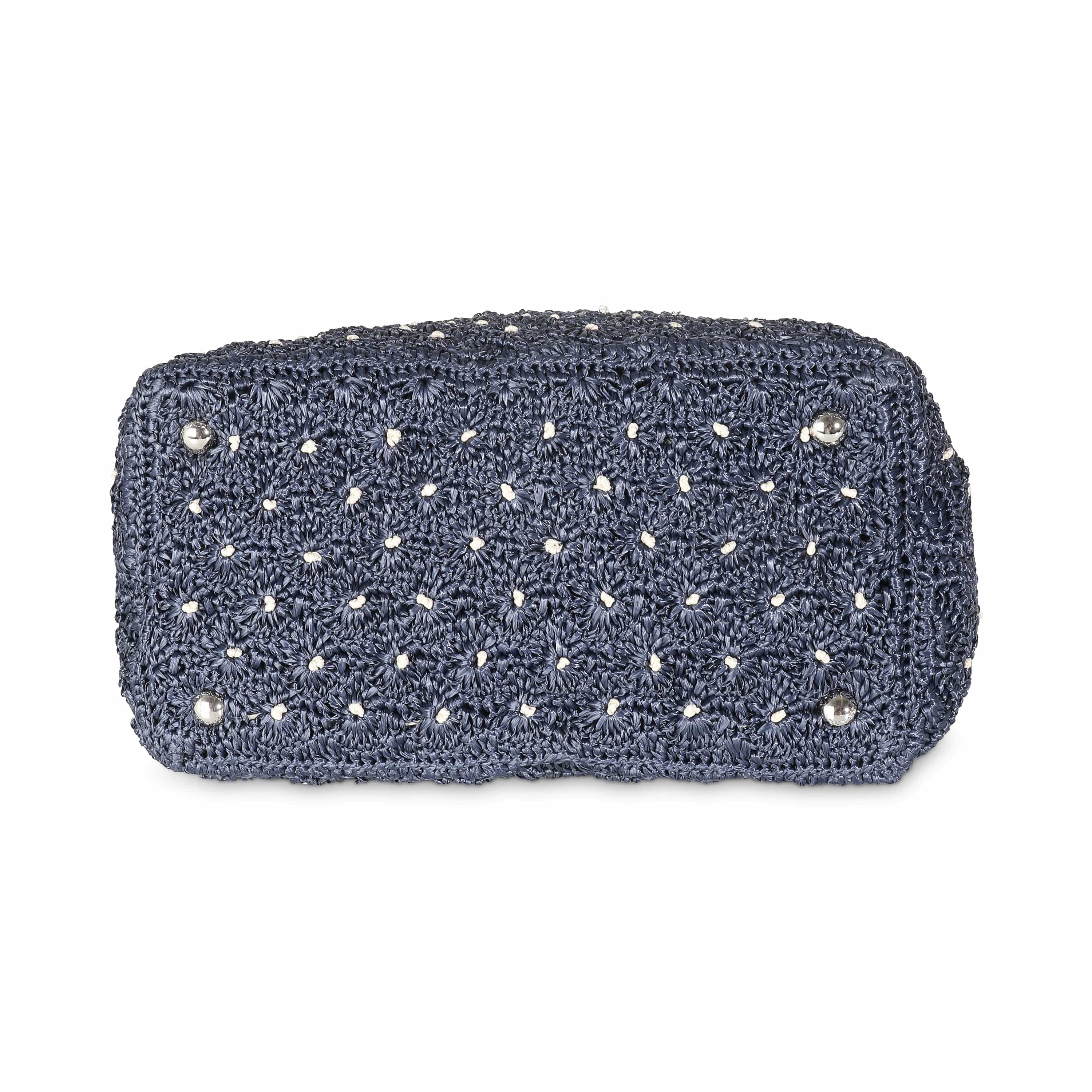 Prada Navy Crochet Woven Raffia Small Canapa Tote