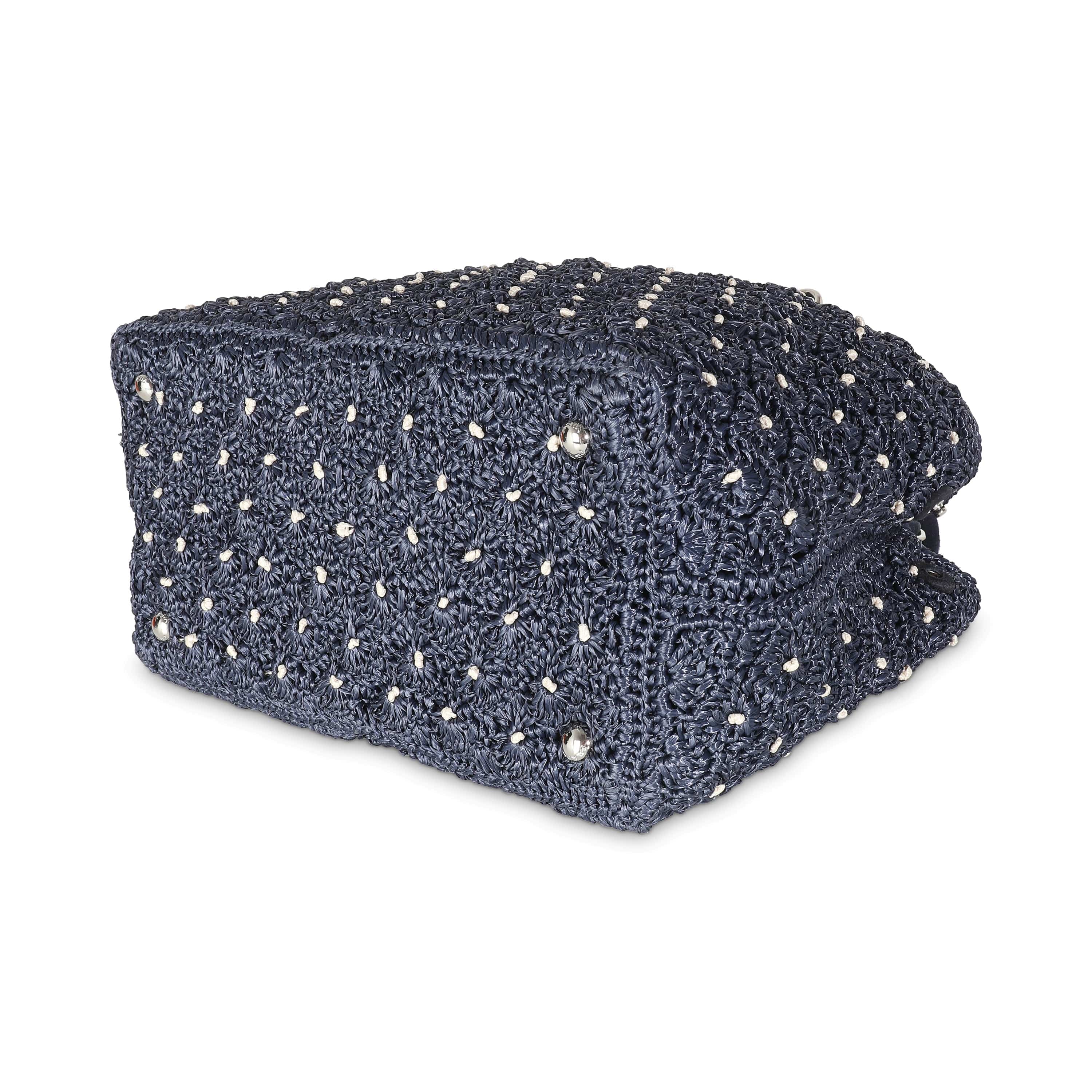 Prada Navy Crochet Woven Raffia Small Canapa Tote