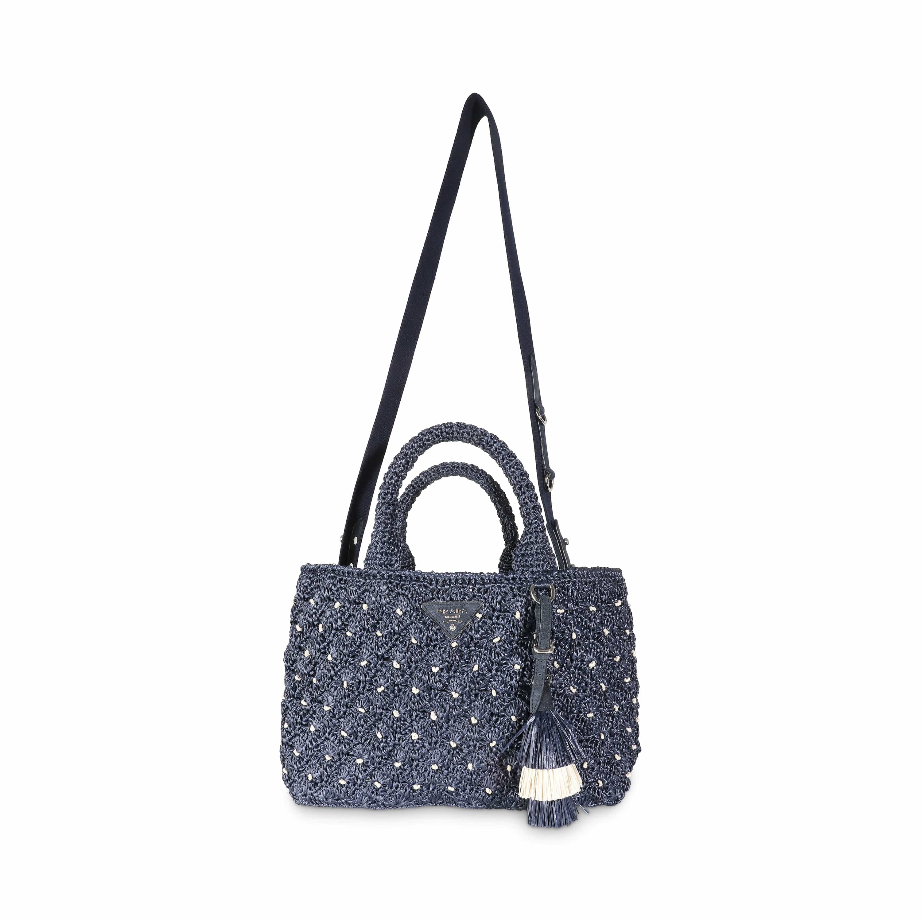 Prada Navy Crochet Woven Raffia Small Canapa Tote