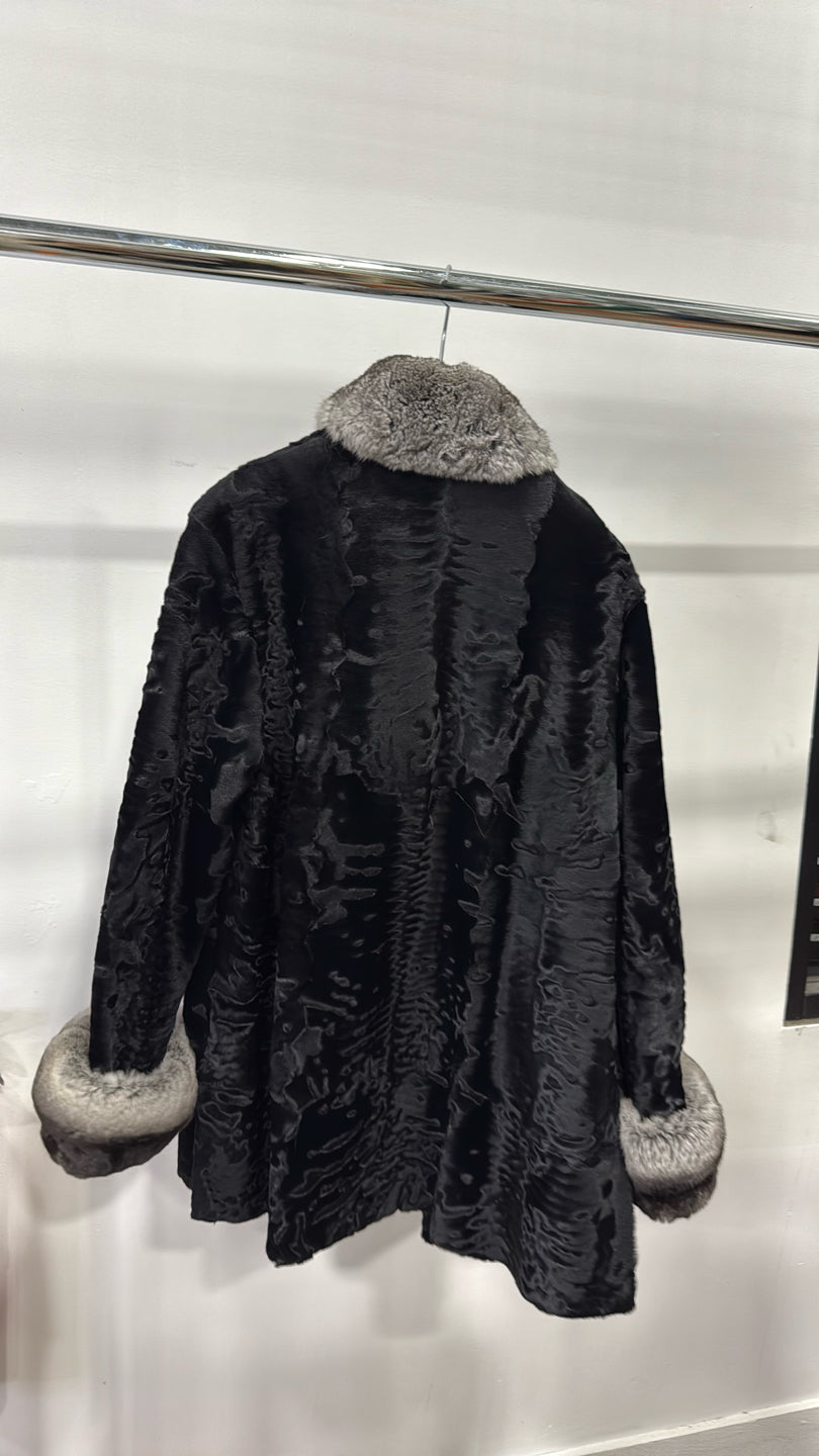Black Persian Lamb Jacket W/ Chinchilla Collar/cuffs - Black GM16041901038