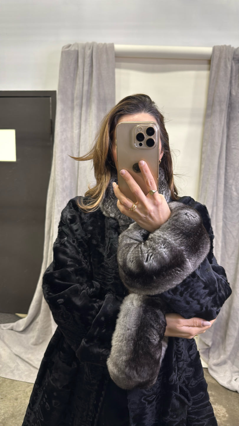 Black Persian Lamb Jacket W/ Chinchilla Collar/cuffs - Black GM16041901038