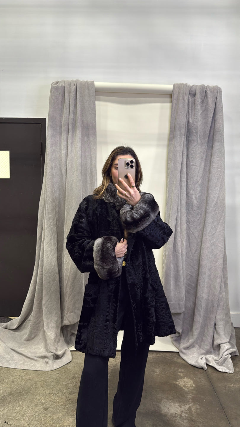 Black Persian Lamb Jacket W/ Chinchilla Collar/cuffs - Black GM16041901038