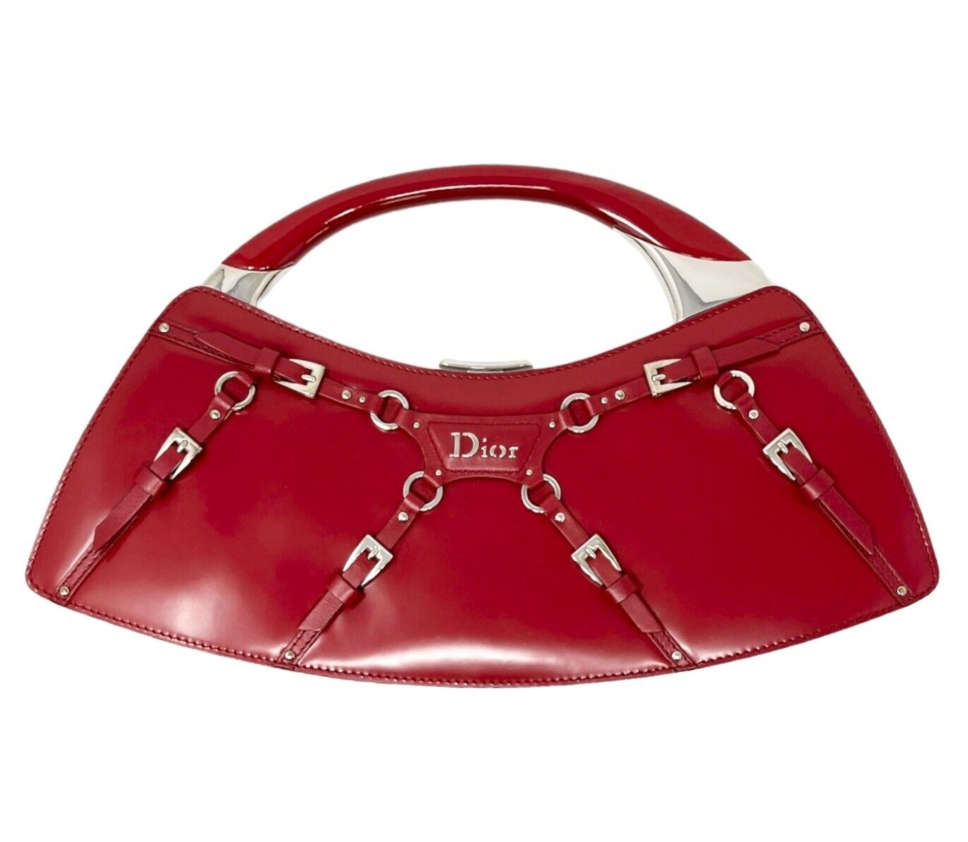 Christian Dior Vintage Logo Bondage Top Handle Bag Red Silver Leather